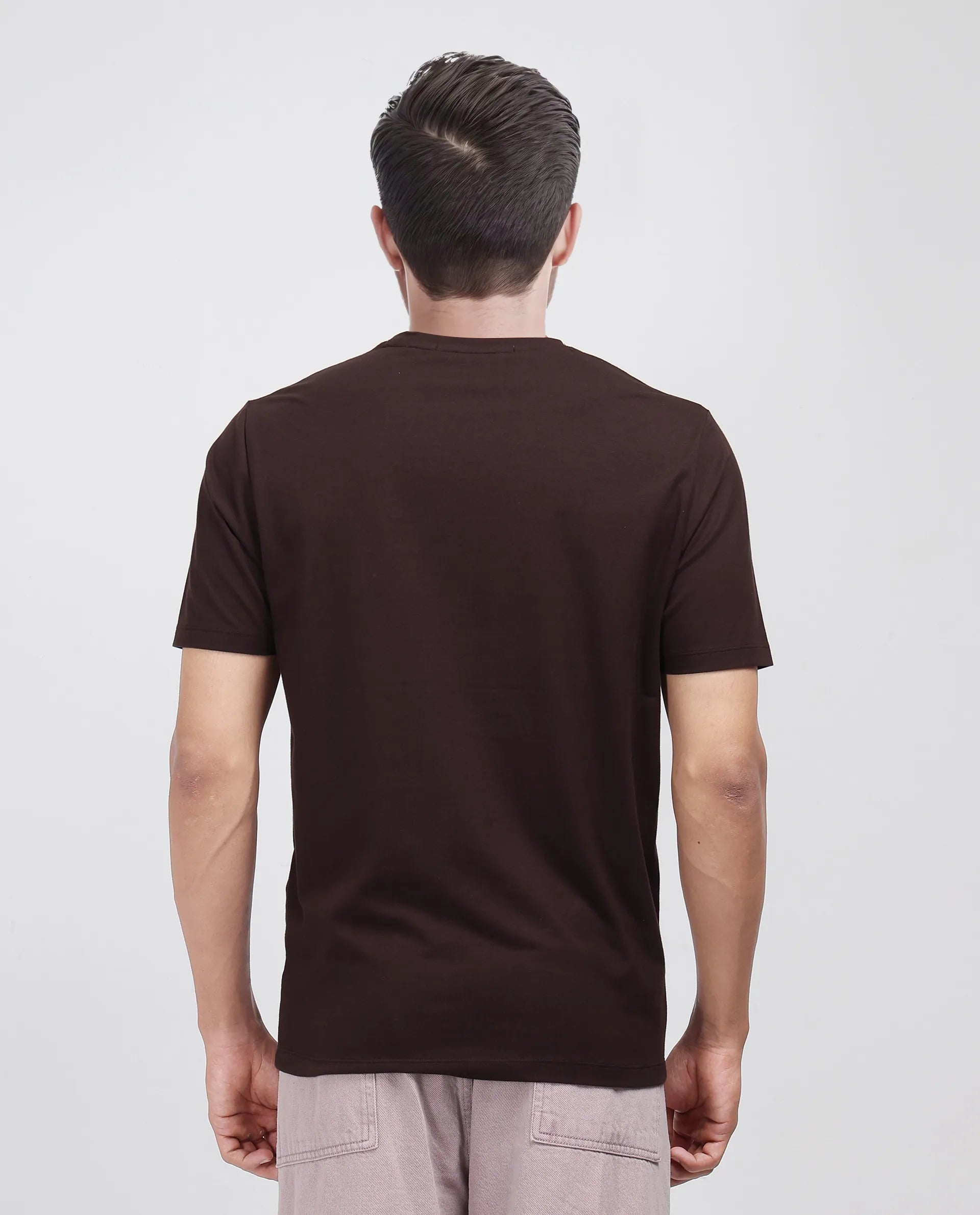Rare Rabbit Men Log Brown Cotton Lycra Fabric Short Sleeve Crew Neck Slip-On Graphic Print T-Shirt
