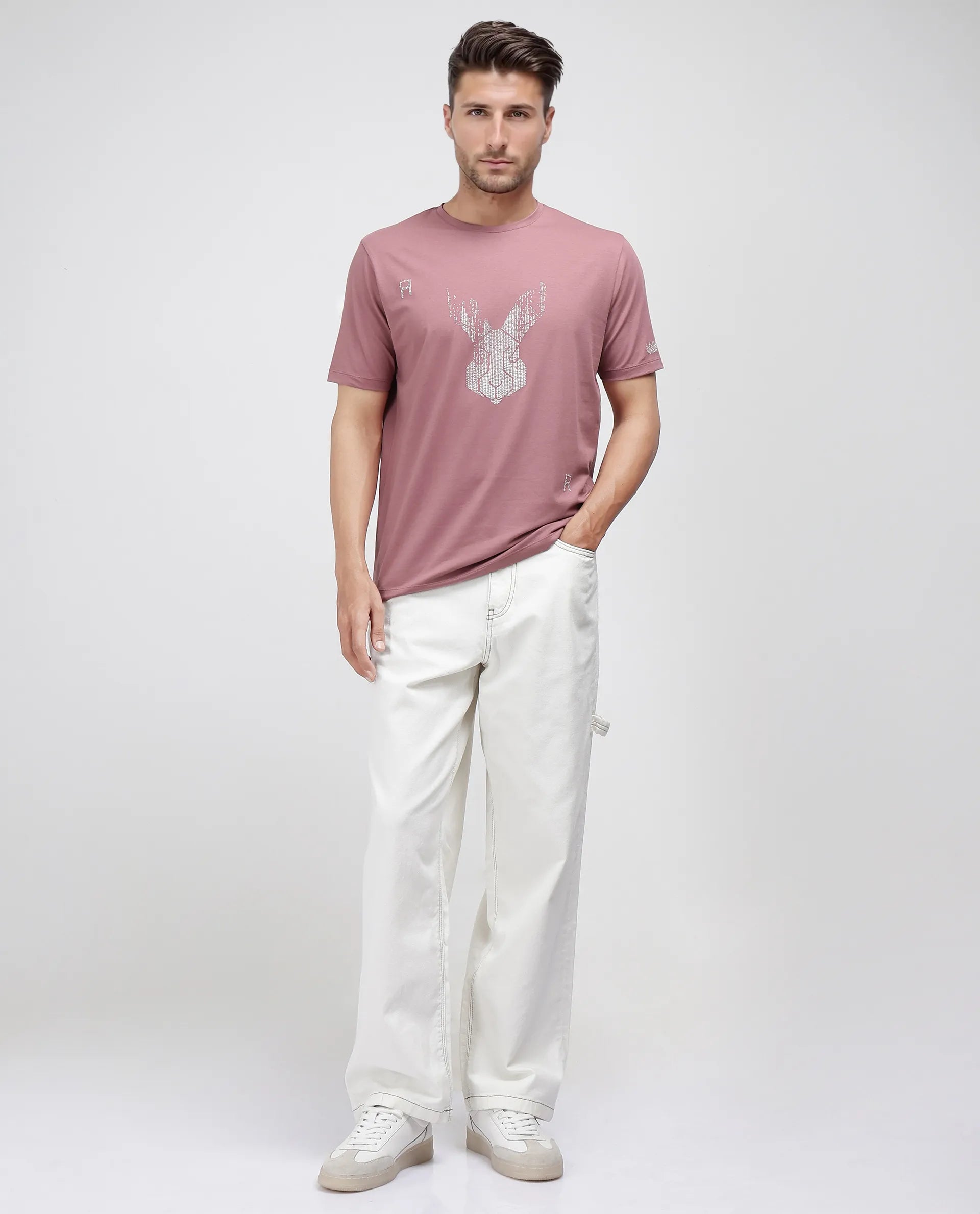 Rare Rabbit Men Log Dusky Pink Cotton Lycra Fabric Short Sleeve Crew Neck Slip-On Graphic Print T-Shirt