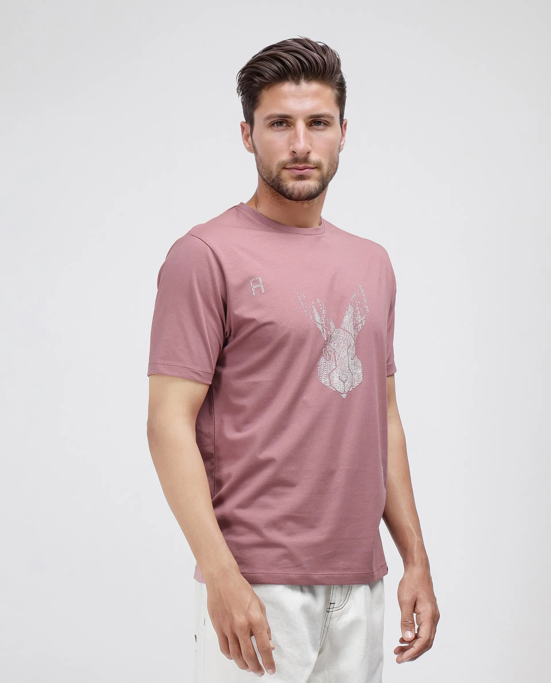 Rare Rabbit Men Log Dusky Pink Cotton Lycra Fabric Short Sleeve Crew Neck Slip-On Graphic Print T-Shirt