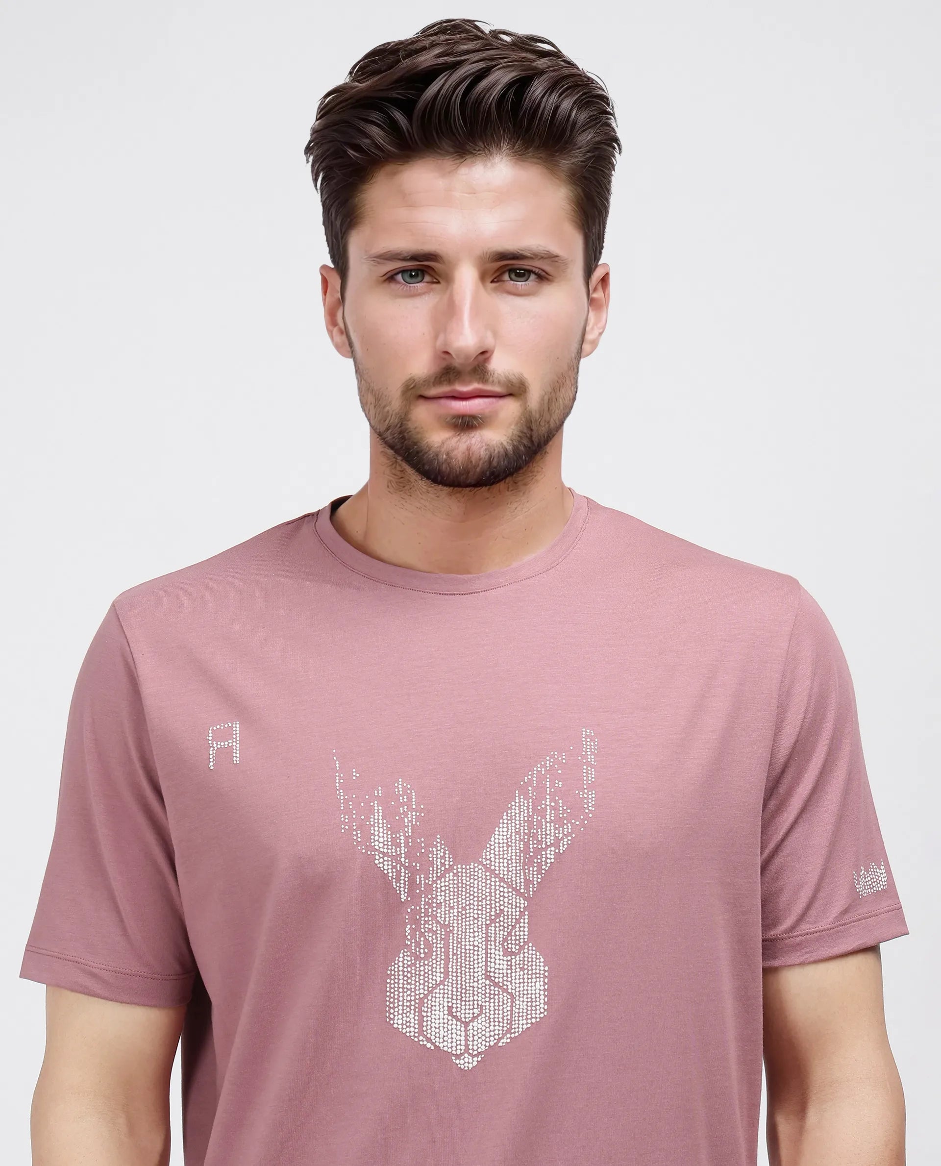 Rare Rabbit Men Log Dusky Pink Cotton Lycra Fabric Short Sleeve Crew Neck Slip-On Graphic Print T-Shirt