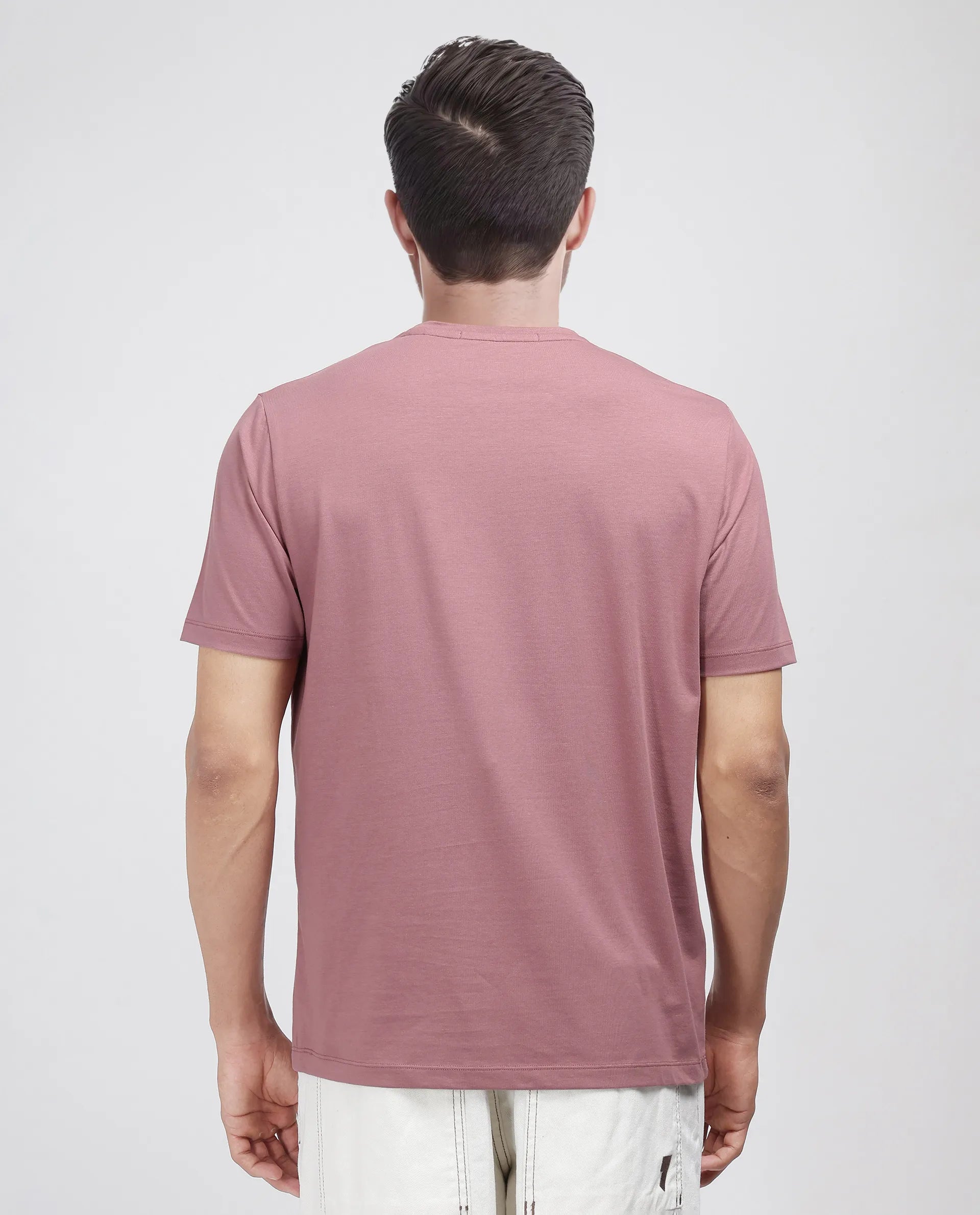 Rare Rabbit Men Log Dusky Pink Cotton Lycra Fabric Short Sleeve Crew Neck Slip-On Graphic Print T-Shirt