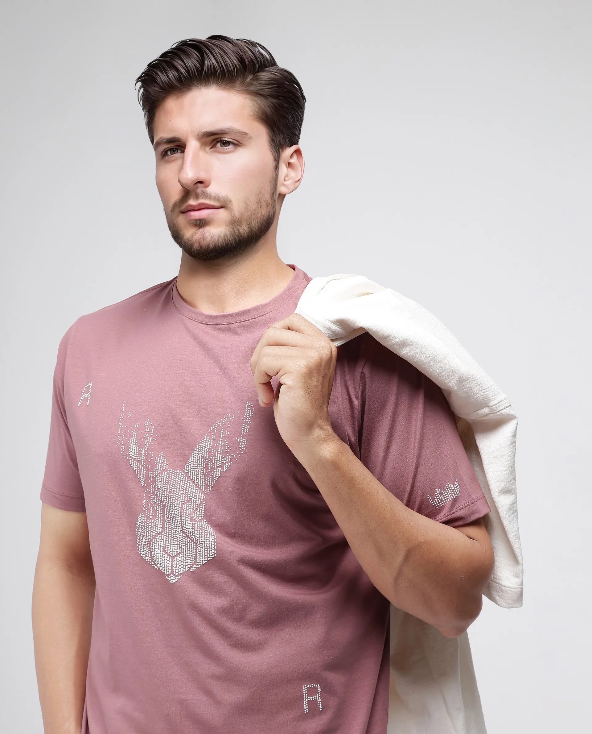 Rare Rabbit Men Log Dusky Pink Cotton Lycra Fabric Short Sleeve Crew Neck Slip-On Graphic Print T-Shirt