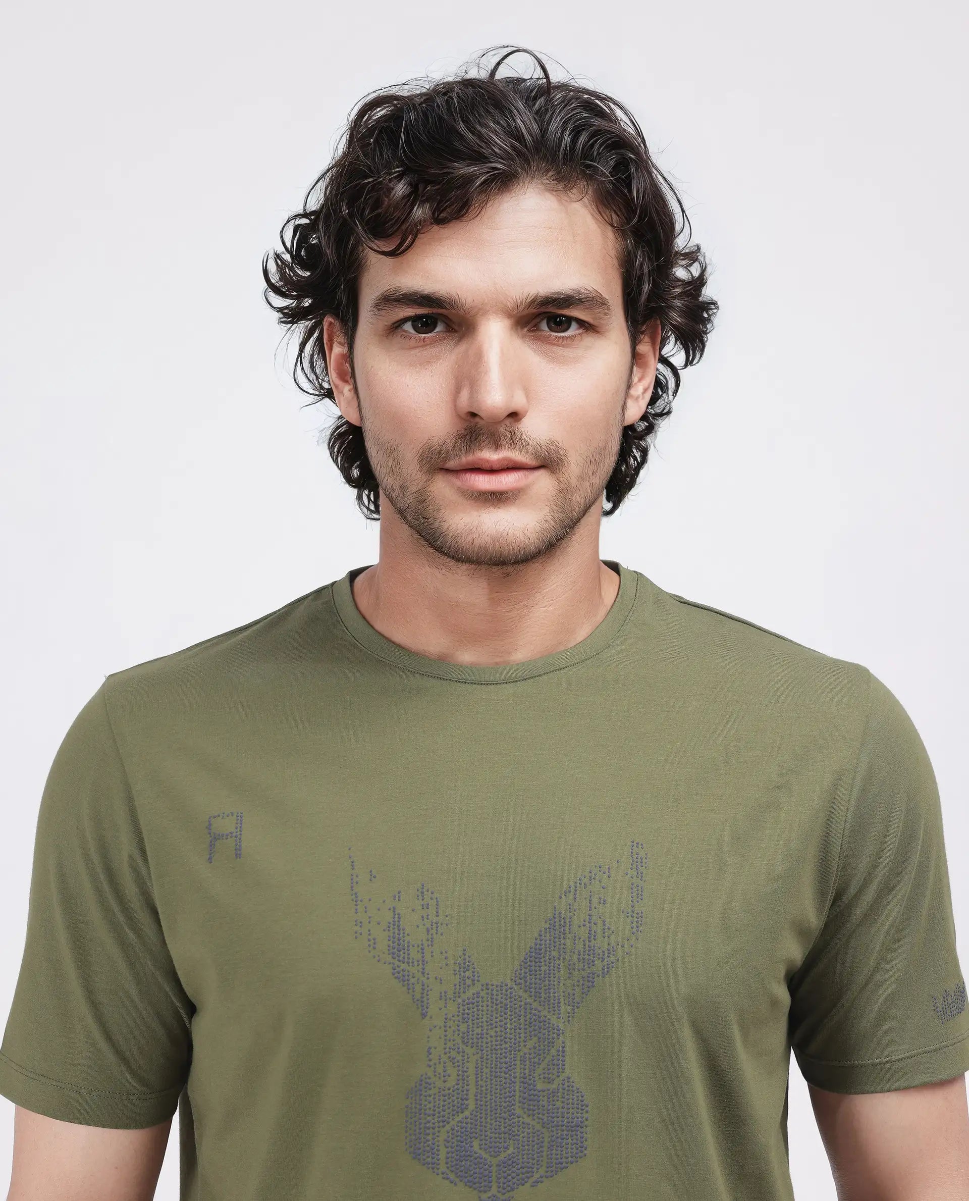 Rare Rabbit Men Log Green Cotton Lycra Fabric Short Sleeve Crew Neck Slip-On Graphic Print T-Shirt