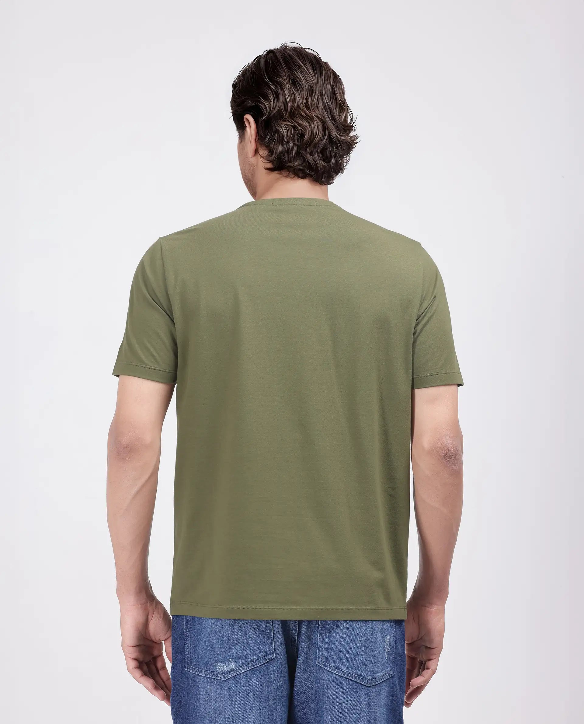 Rare Rabbit Men Log Green Cotton Lycra Fabric Short Sleeve Crew Neck Slip-On Graphic Print T-Shirt