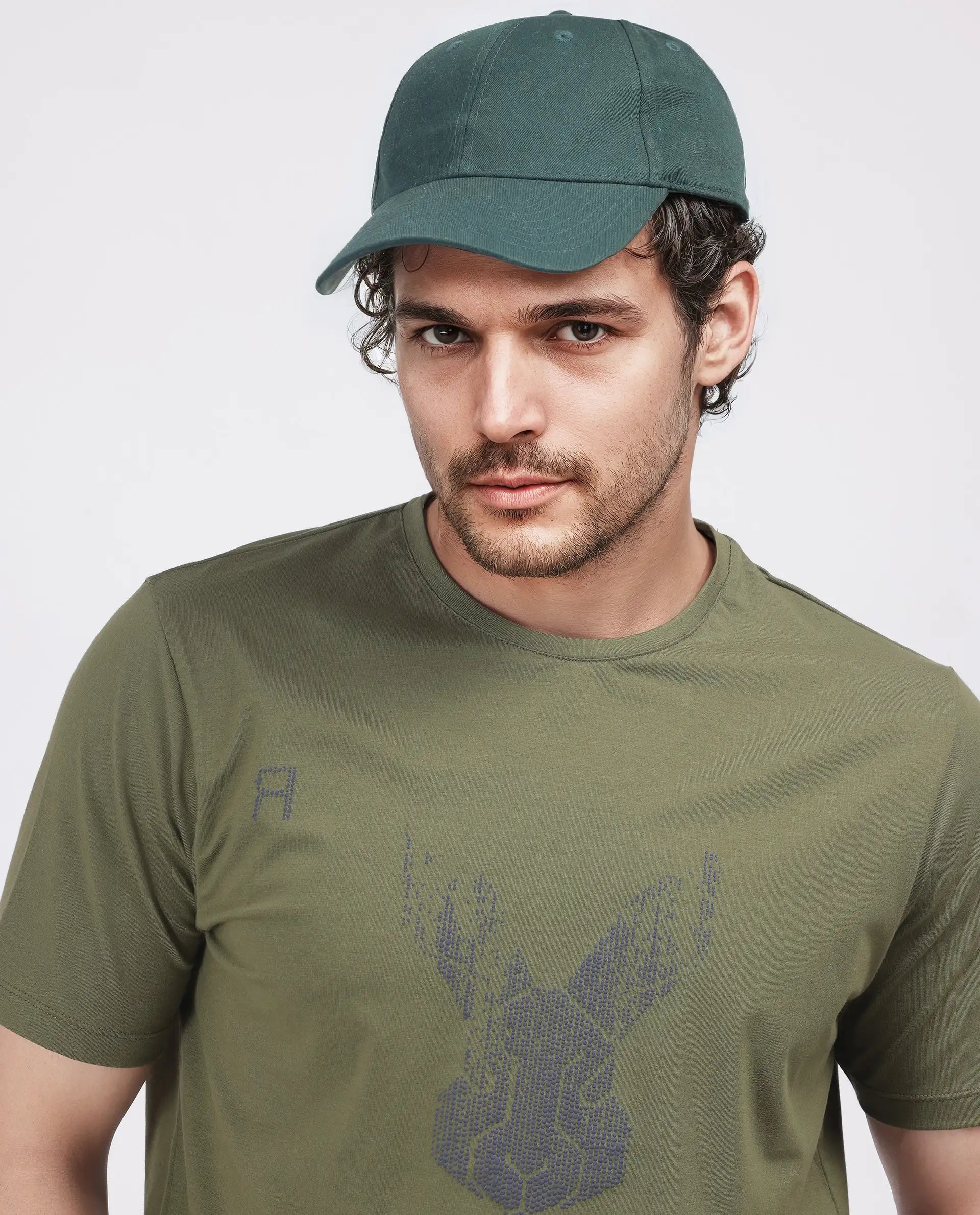 Rare Rabbit Men Log Green Cotton Lycra Fabric Short Sleeve Crew Neck Slip-On Graphic Print T-Shirt