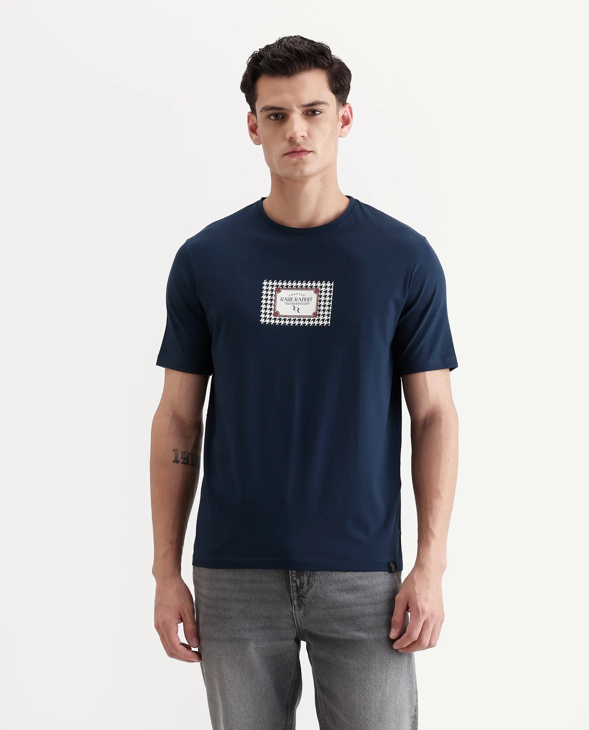 Rare Rabbit Men's Logi Teal Cotton Blend Graphic Print Regular Fit Half Sleeve Crew Neck T-Shirt