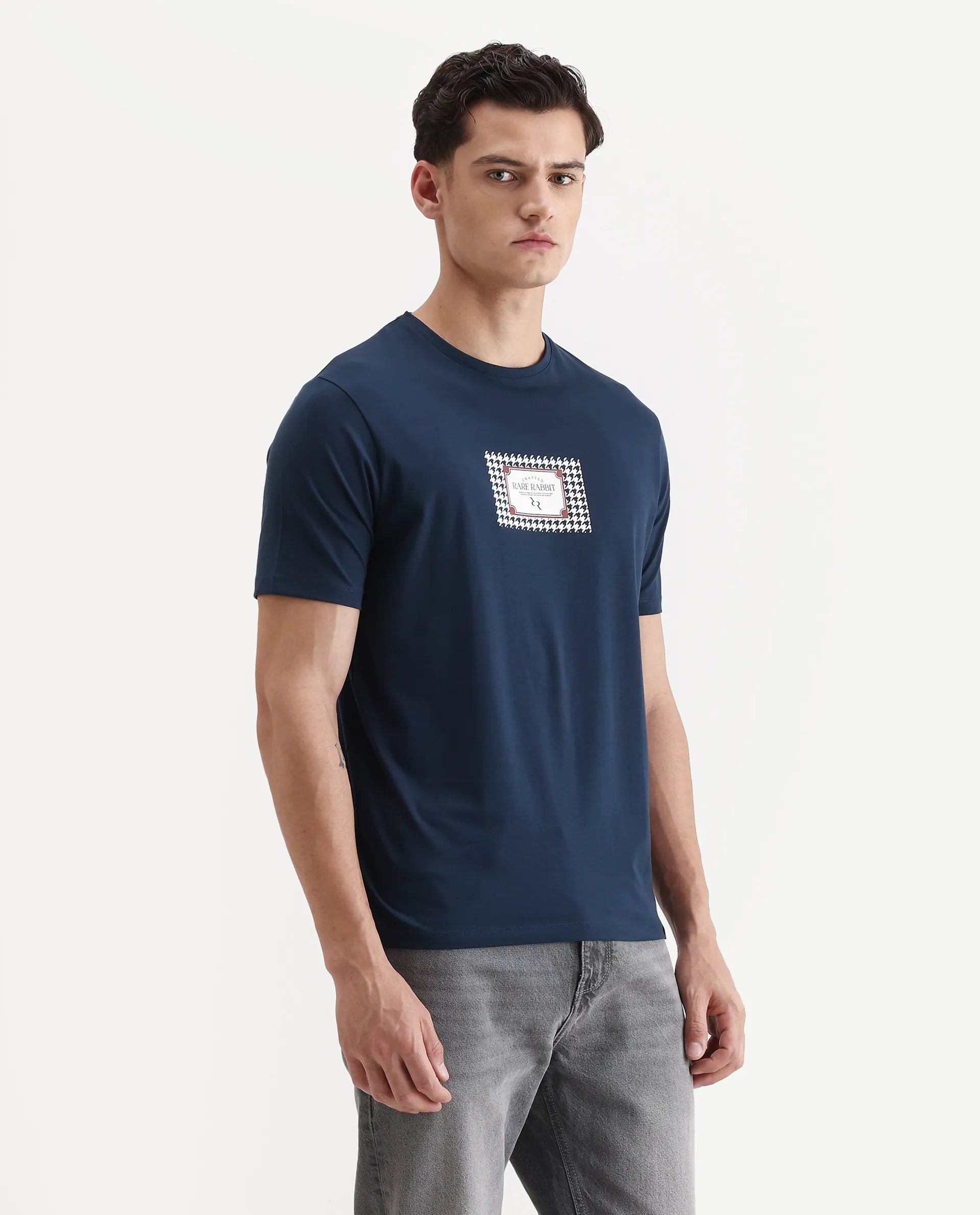 Rare Rabbit Men's Logi Teal Cotton Blend Graphic Print Regular Fit Half Sleeve Crew Neck T-Shirt