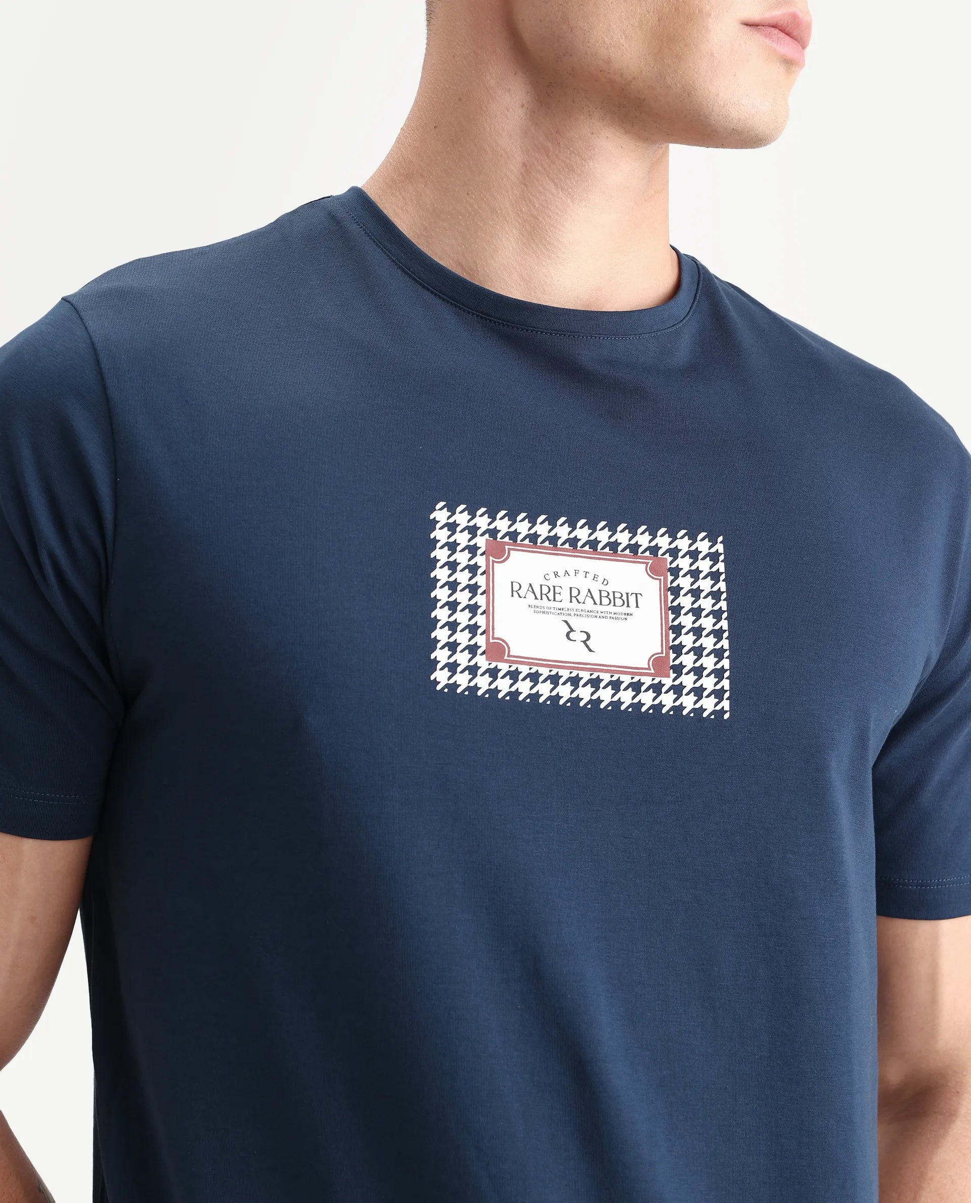 Rare Rabbit Men's Logi Teal Cotton Blend Graphic Print Regular Fit Half Sleeve Crew Neck T-Shirt