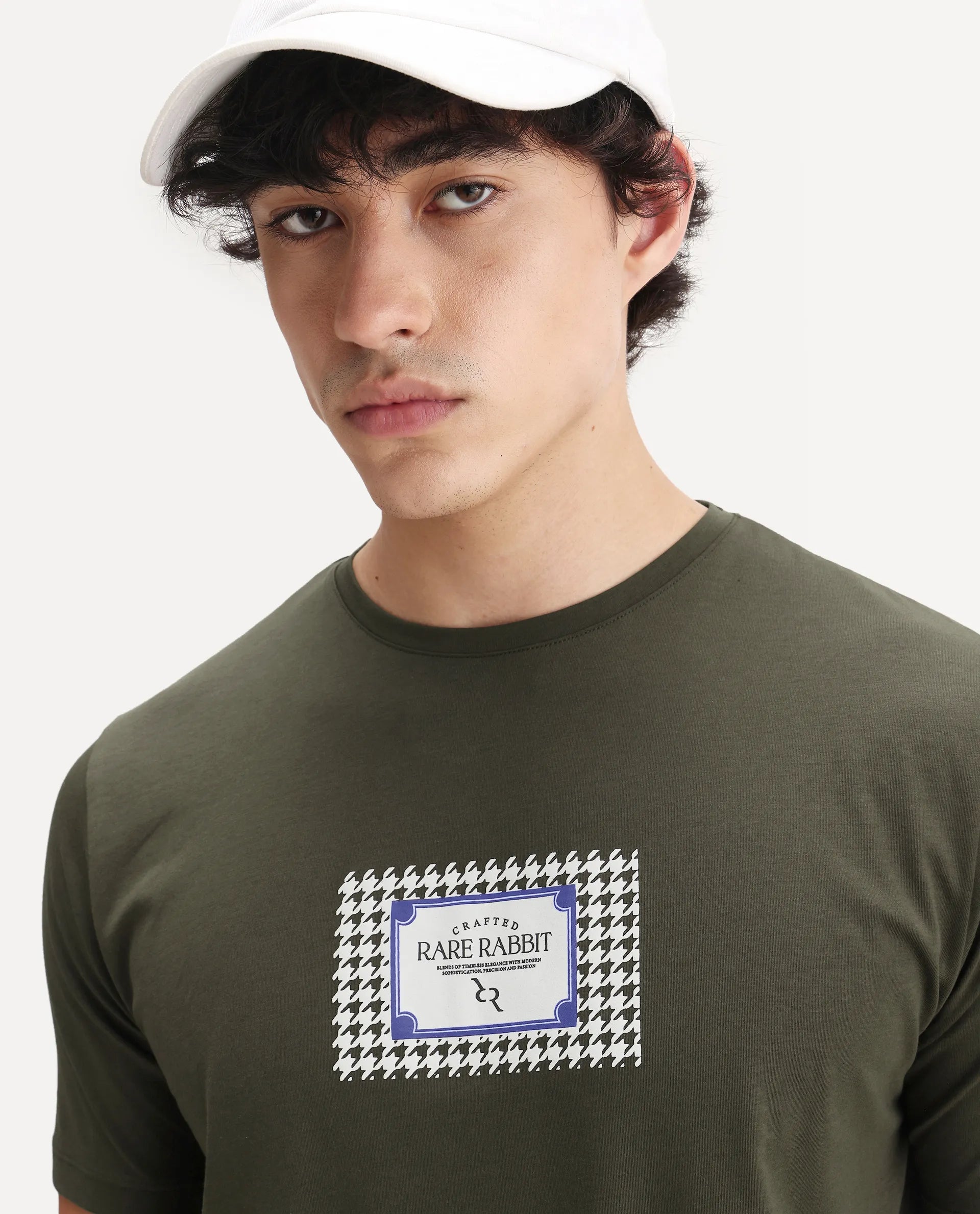 Rare Rabbit Men's Logi Dark Olive Cotton Blend Graphic Print Regular Fit Half Sleeve Crew Neck T-Shirt