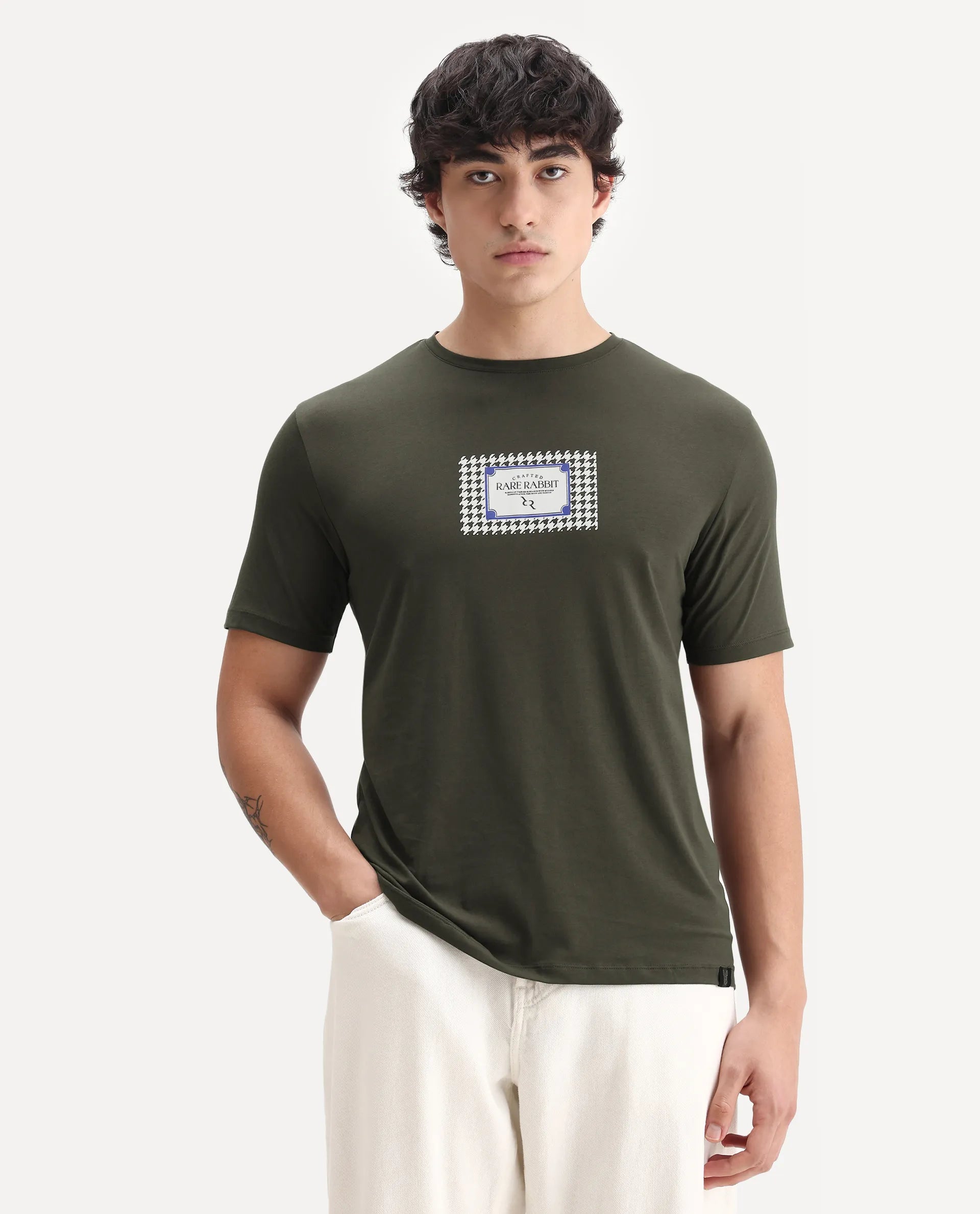 Rare Rabbit Men's Logi Dark Olive Cotton Blend Graphic Print Regular Fit Half Sleeve Crew Neck T-Shirt