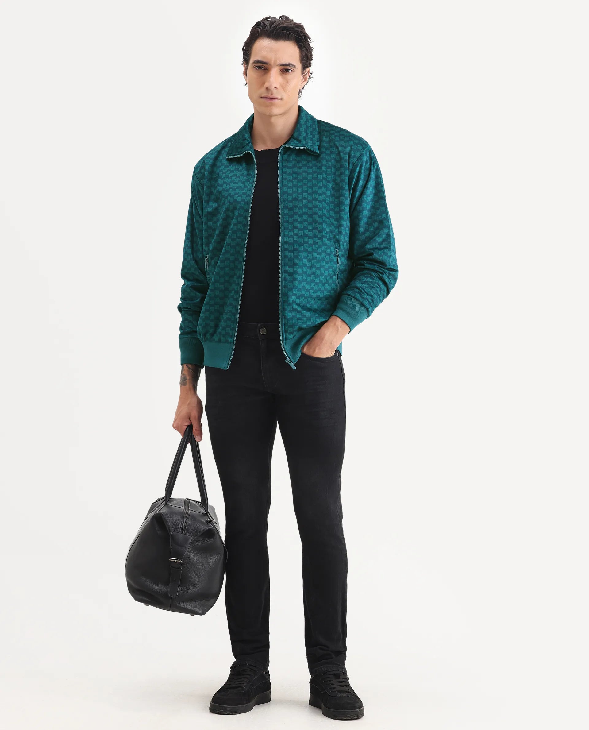Rare Rabbit Men's Log Teal Polyester Blend Fabric Spread Collar Regular Fit Graphic Print Jacket