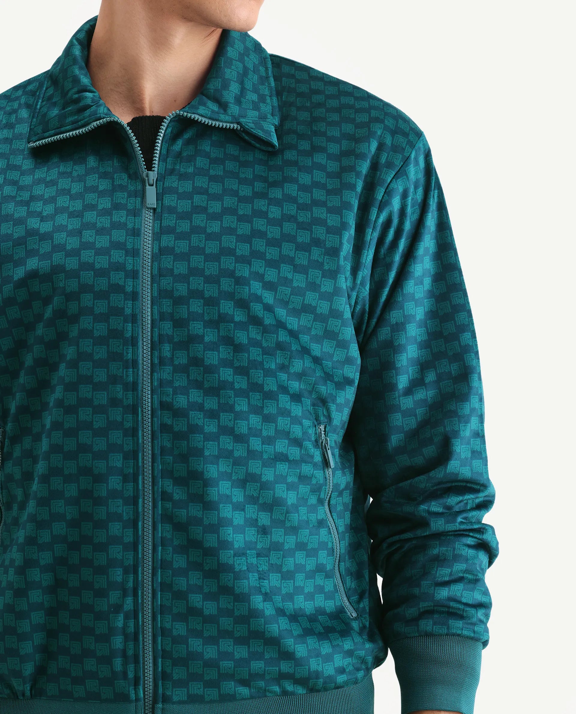 Rare Rabbit Men's Log Teal Polyester Blend Fabric Spread Collar Regular Fit Graphic Print Jacket