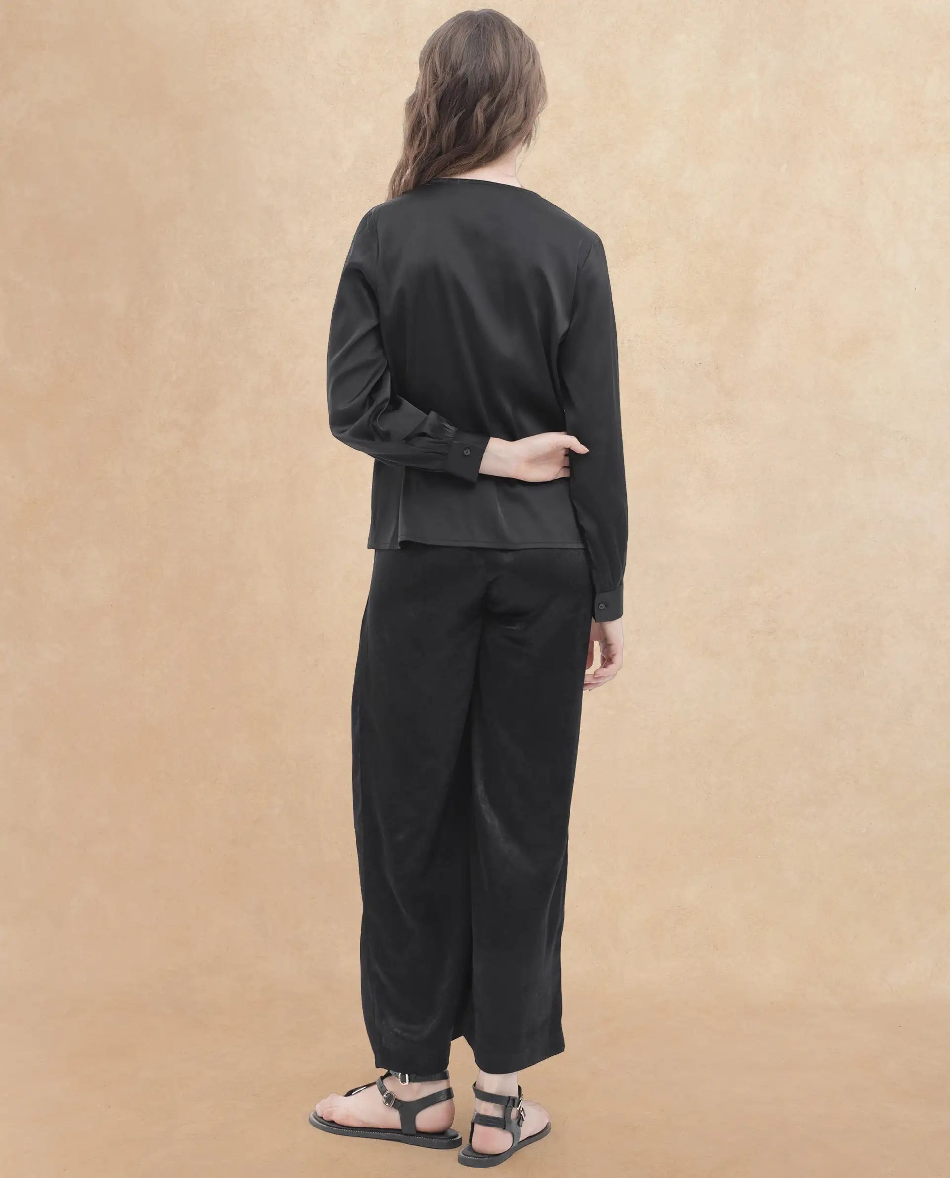 Rareism Women's Lohan Black Polyester V-Neck Plain Cuffed Sleeve Regular Fit Top