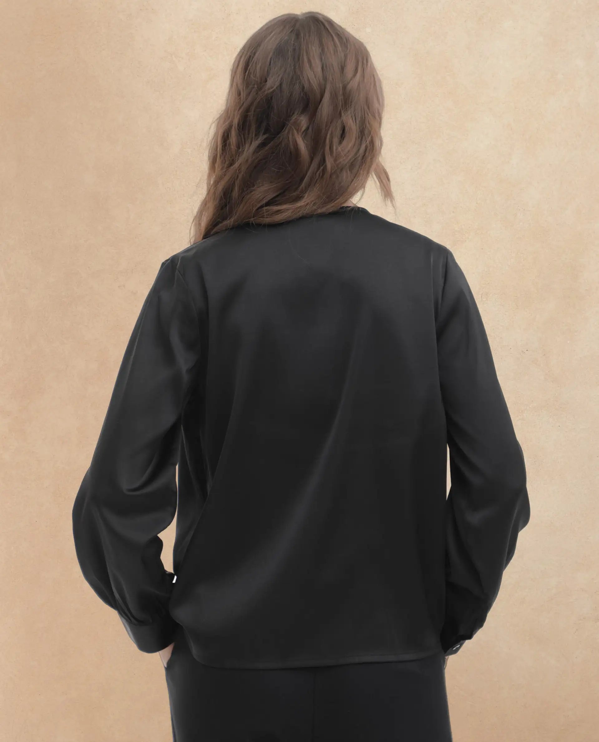 Rareism Women's Lohan Black Polyester V-Neck Plain Cuffed Sleeve Regular Fit Top