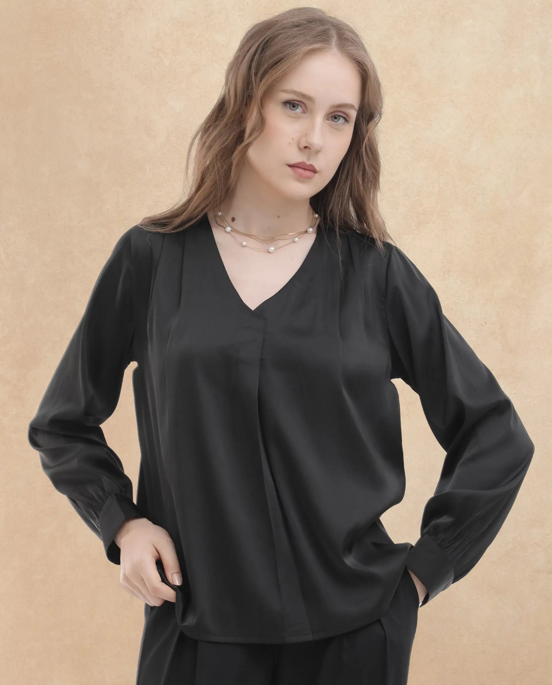 Rareism Women's Lohan Black Polyester V-Neck Plain Cuffed Sleeve Regular Fit Top