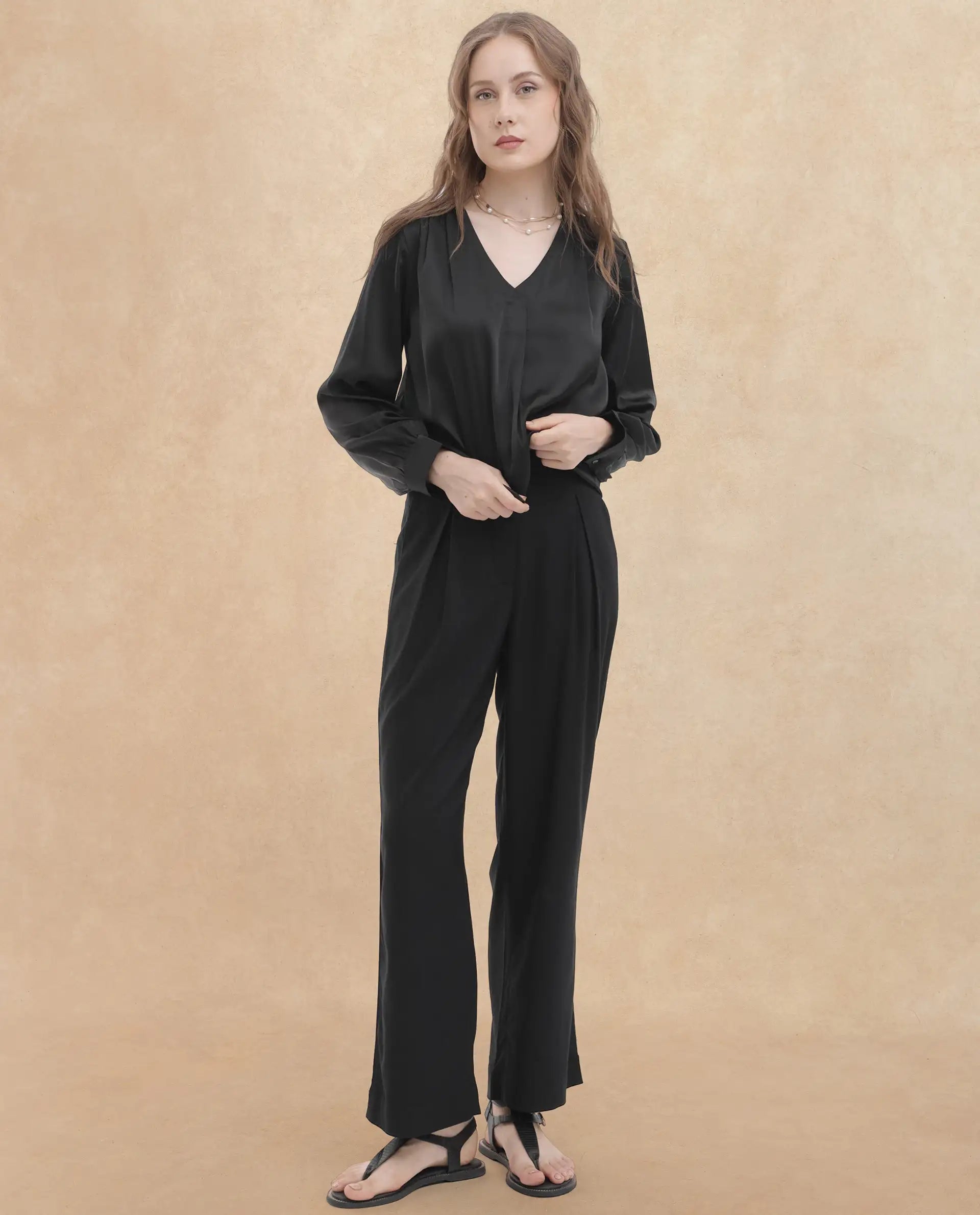 Rareism Women's Lohan Black Polyester V-Neck Plain Cuffed Sleeve Regular Fit Top