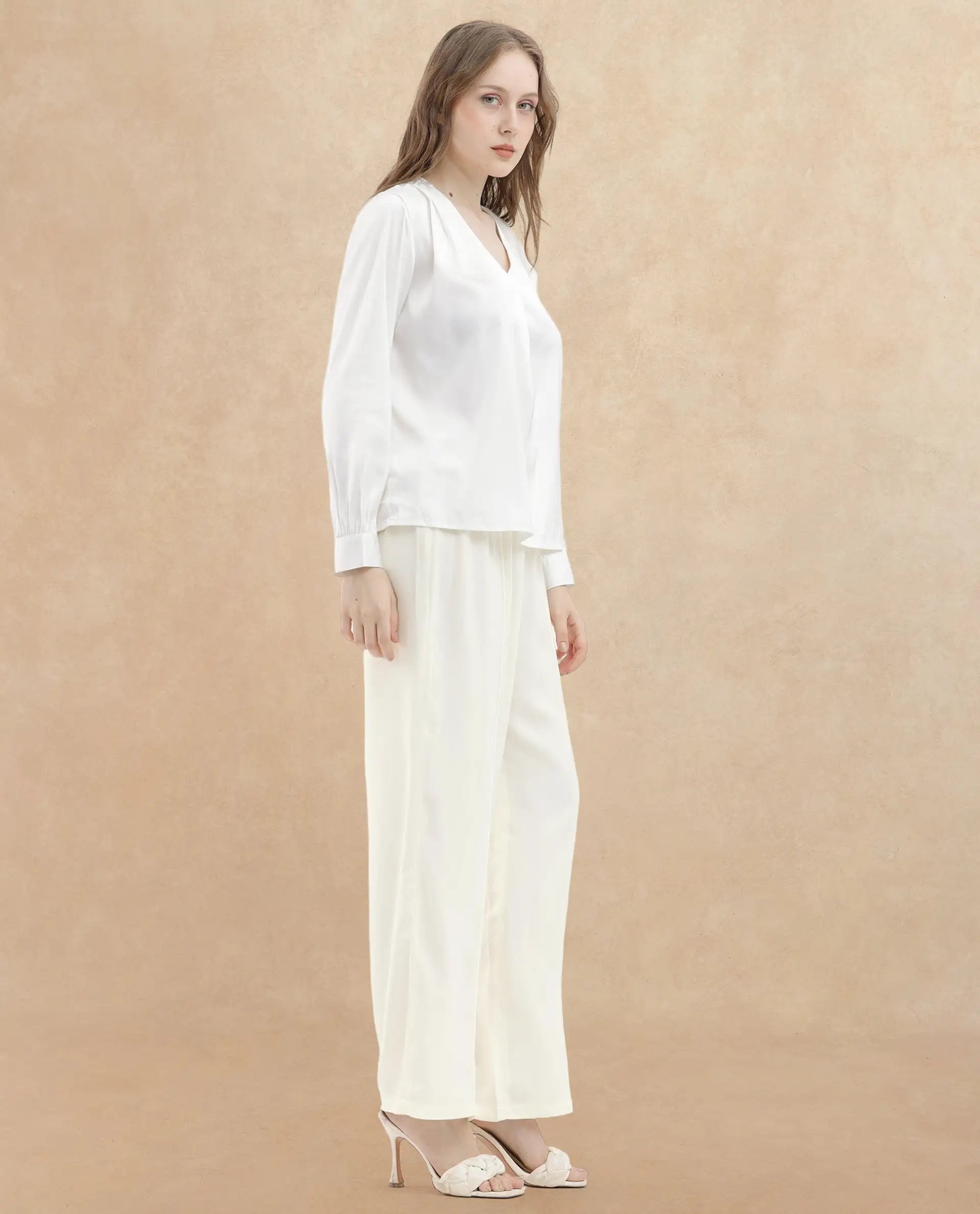 Rareism Women Haz Light Off White Polyester Fabric Wide Leg Fit Plain Ankle Length Trousers