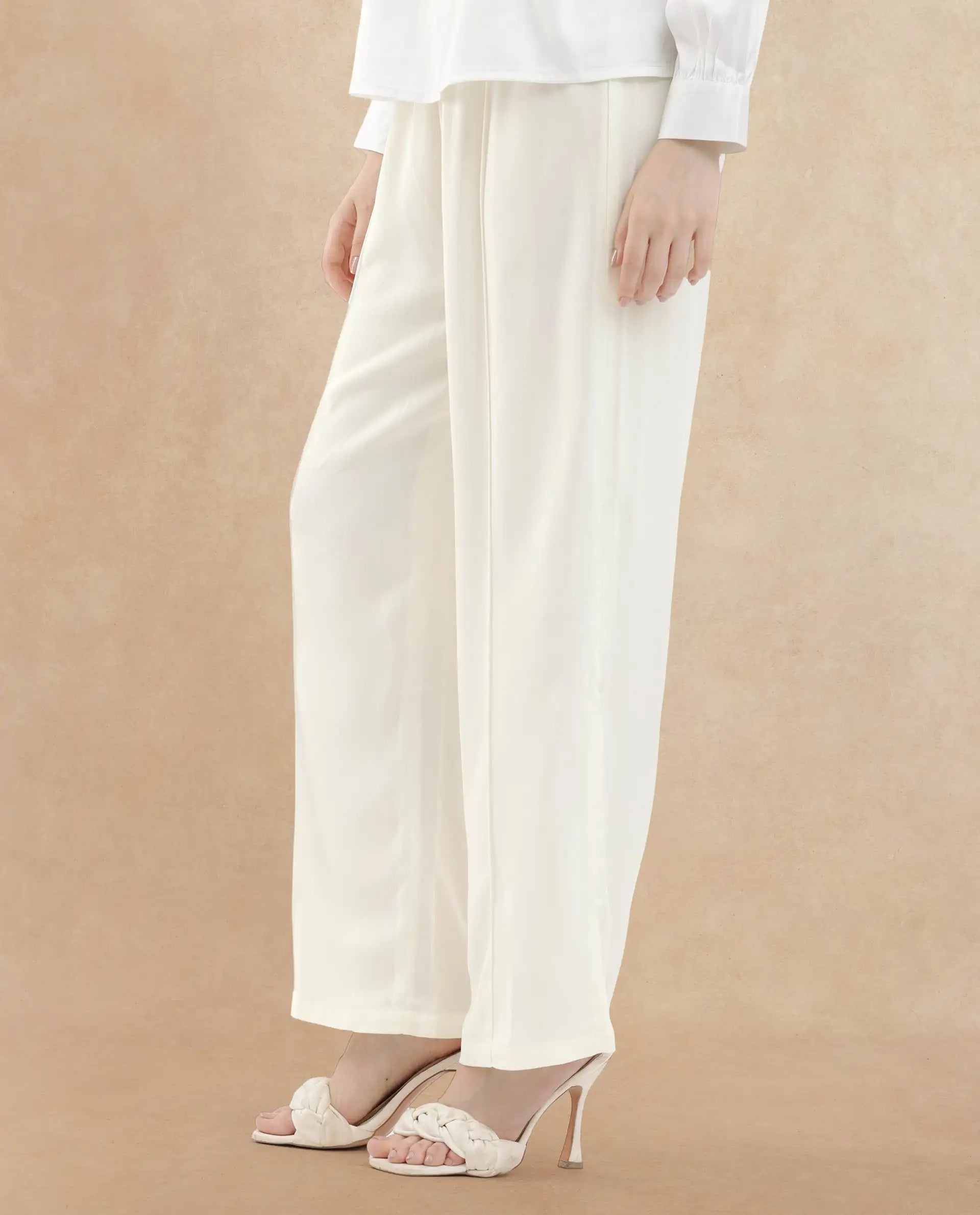 Rareism Women Haz Light Off White Polyester Fabric Wide Leg Fit Plain Ankle Length Trousers