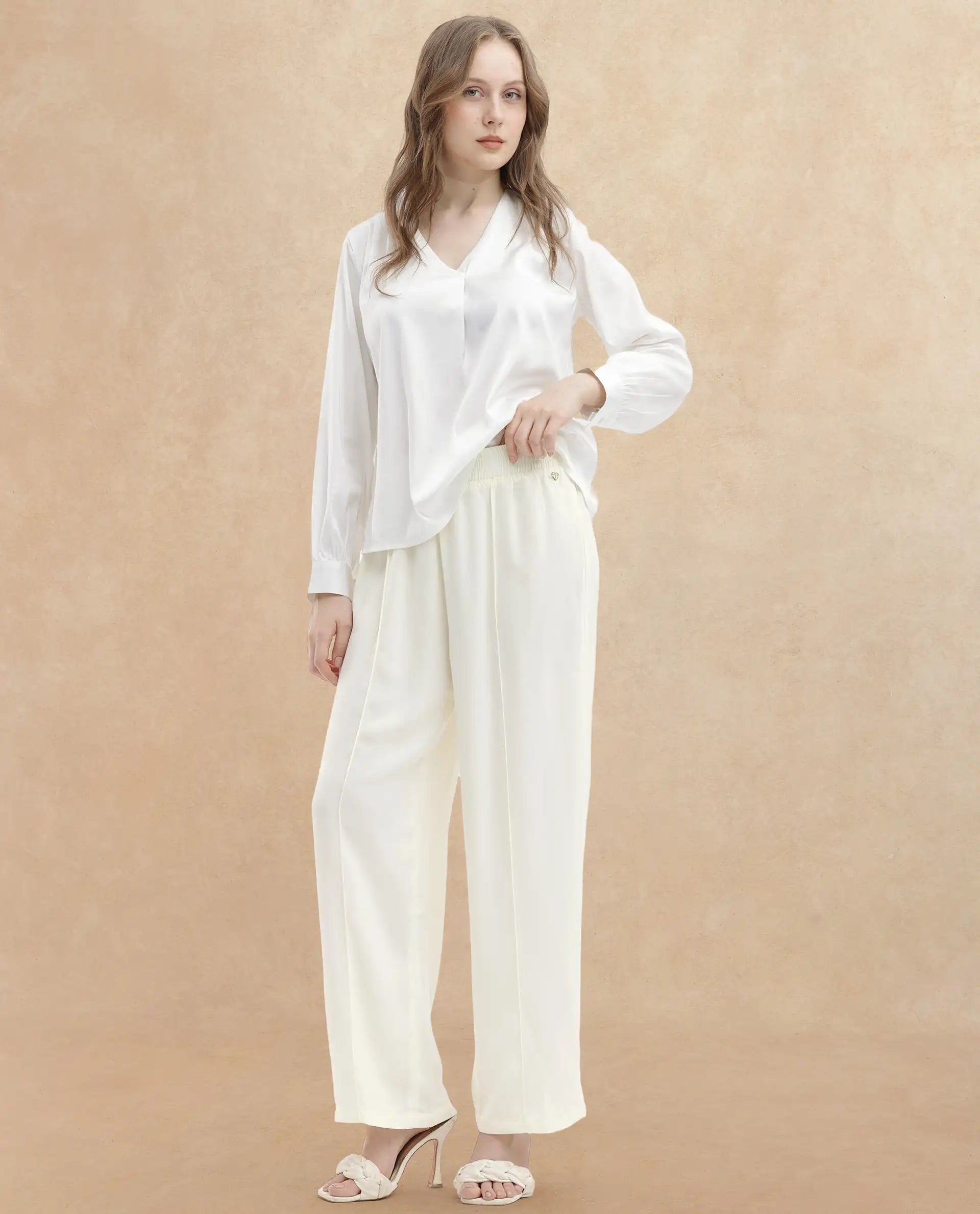 Rareism Women Haz Light Off White Polyester Fabric Wide Leg Fit Plain Ankle Length Trousers