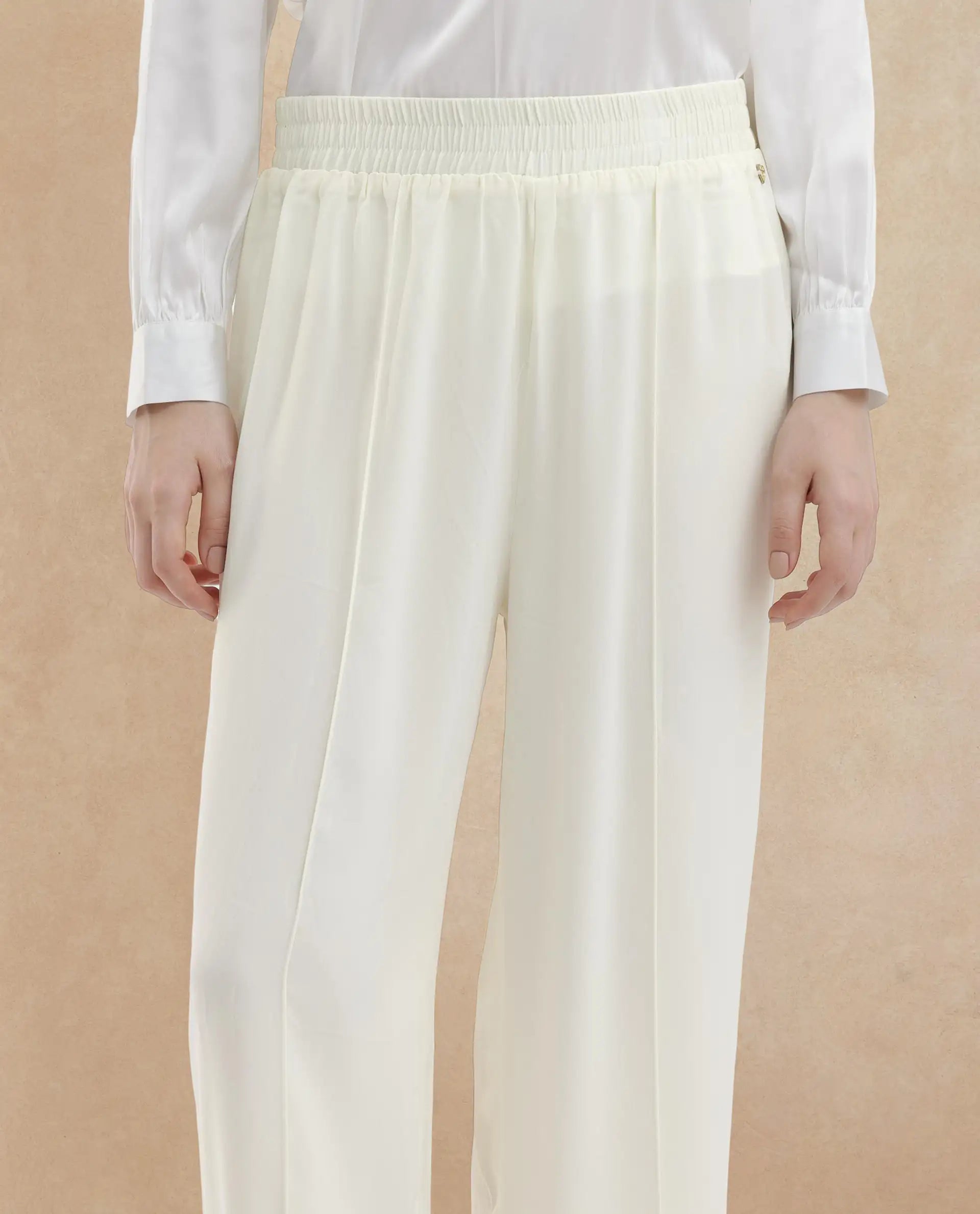 Rareism Women Haz Light Off White Polyester Fabric Wide Leg Fit Plain Ankle Length Trousers