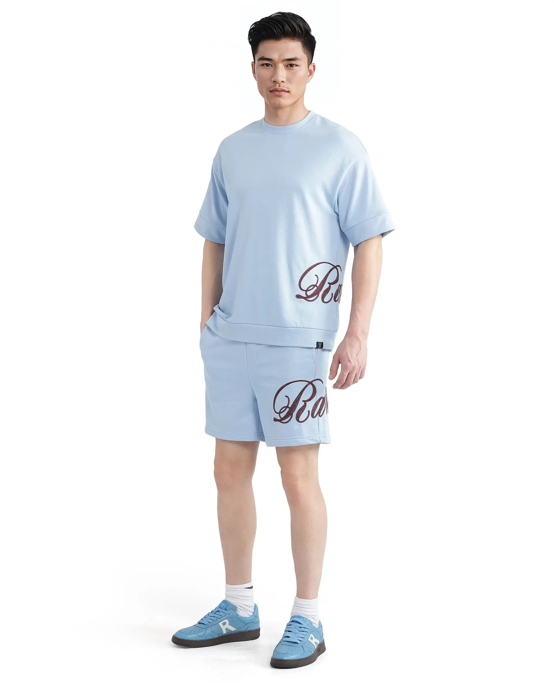 Rare Rabbit Men Loit Light Blue Cotton Poly Fabric Short Sleeve Crew Neck Embroidered Typography T-Shirt