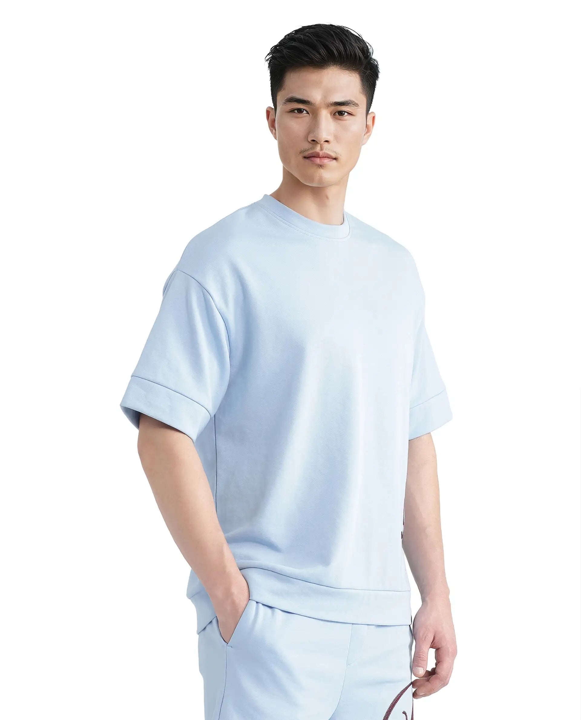 Rare Rabbit Men Loit Light Blue Cotton Poly Fabric Short Sleeve Crew Neck Embroidered Typography T-Shirt