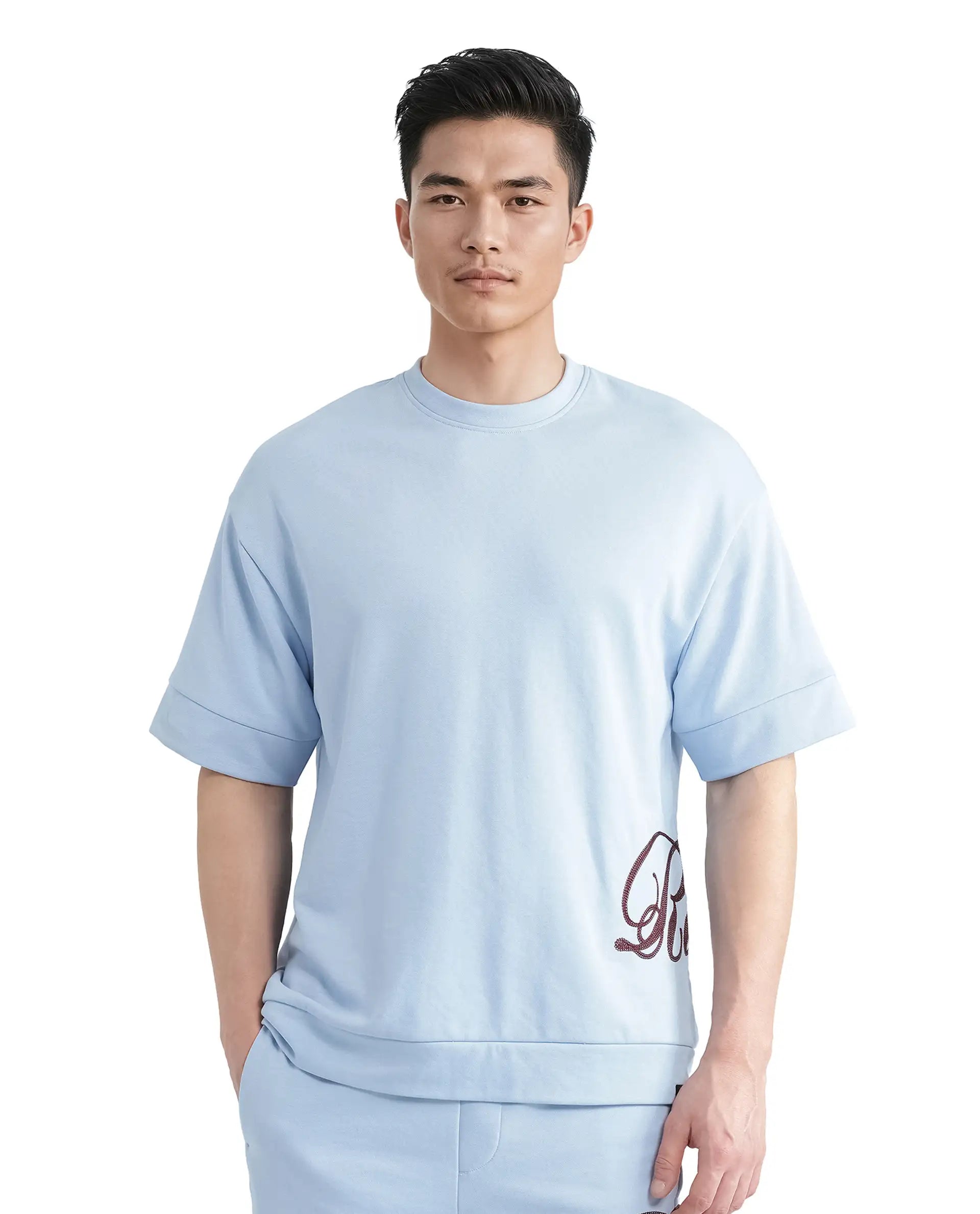 Rare Rabbit Men Loit Light Blue Cotton Poly Fabric Short Sleeve Crew Neck Embroidered Typography T-Shirt