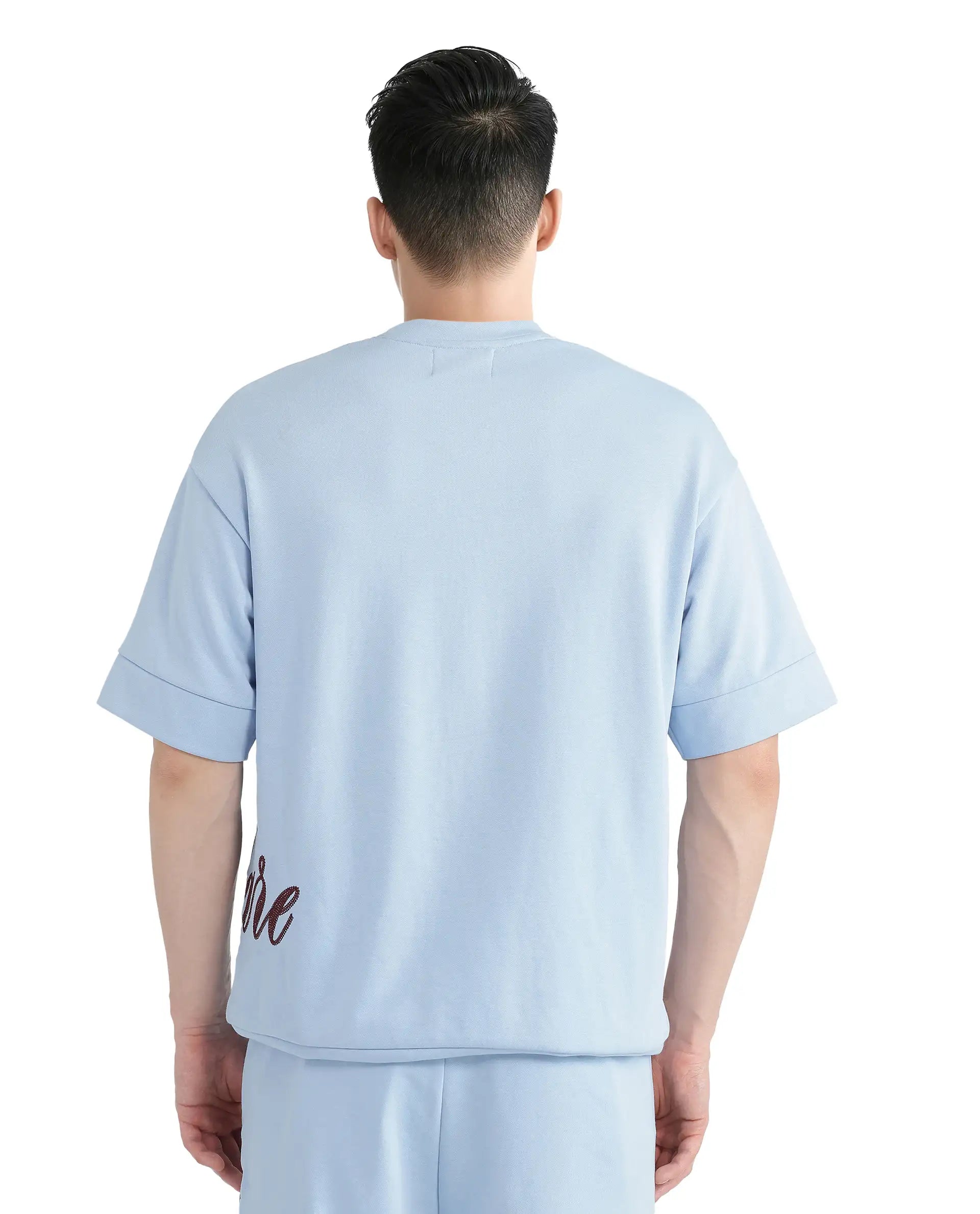 Rare Rabbit Men Loit Light Blue Cotton Poly Fabric Short Sleeve Crew Neck Embroidered Typography T-Shirt