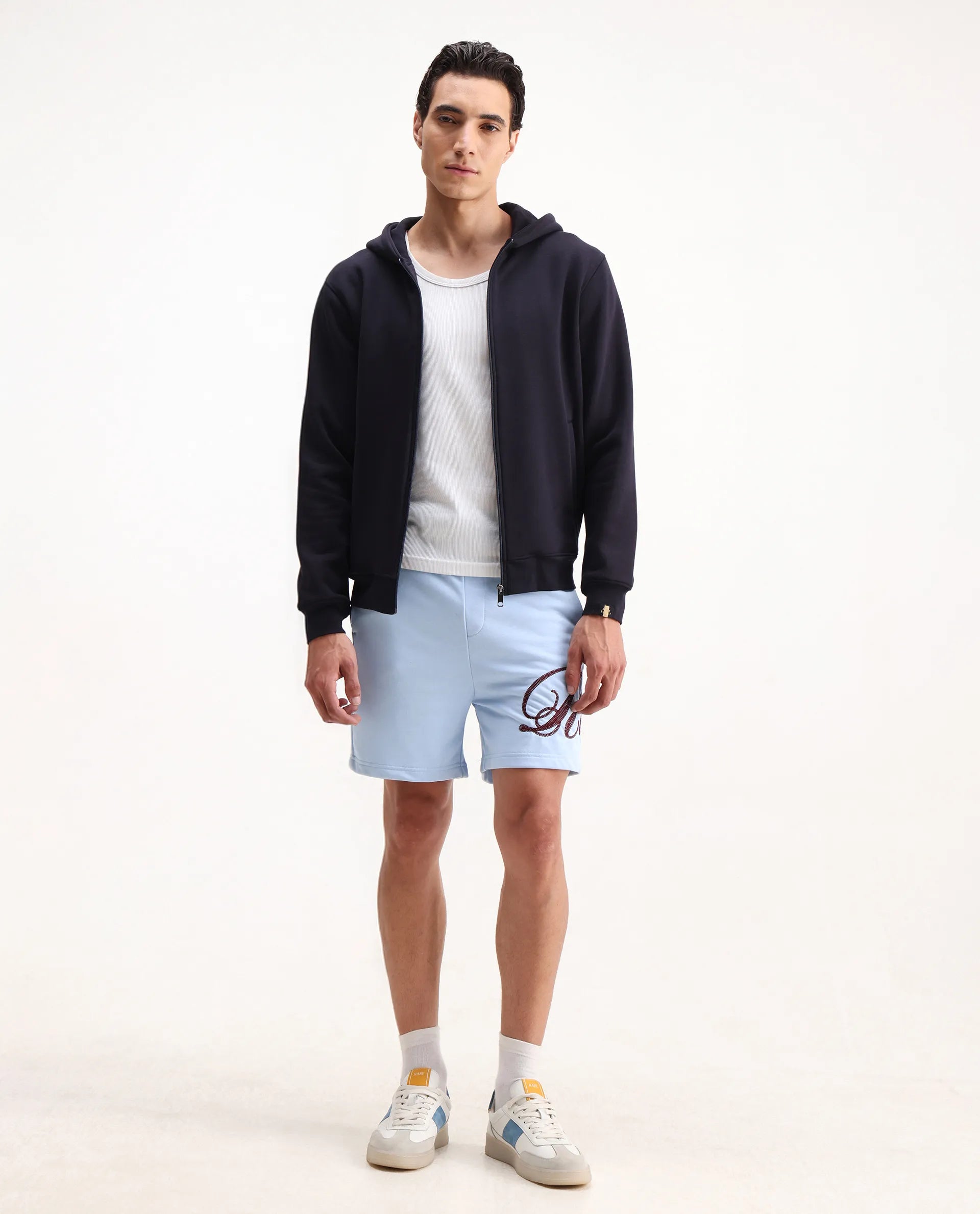 Rare Rabbit Men's Loito Light Blue Cotton Blend Embroidered Regular Fit Shorts