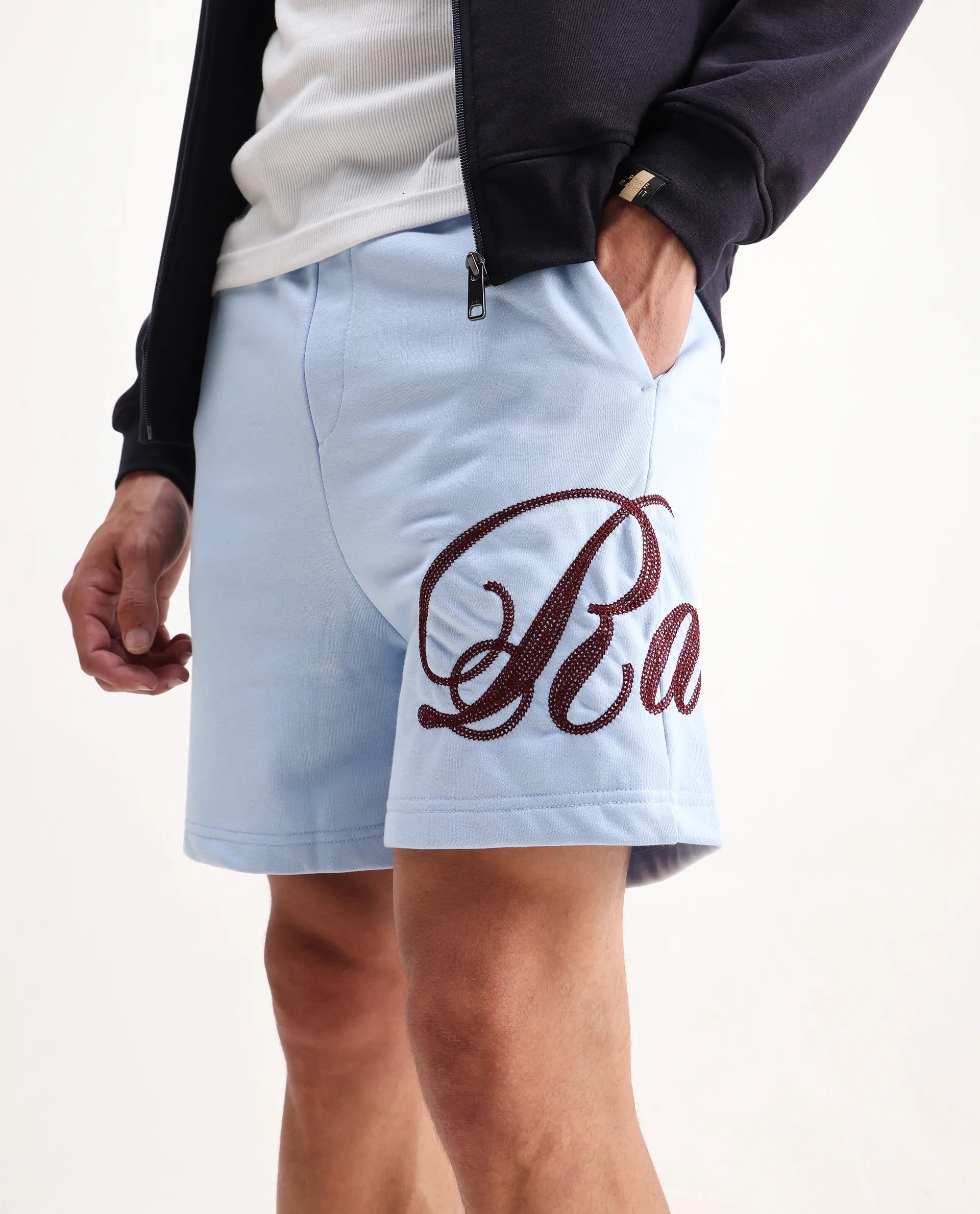 Rare Rabbit Men's Loito Light Blue Cotton Blend Embroidered Regular Fit Shorts