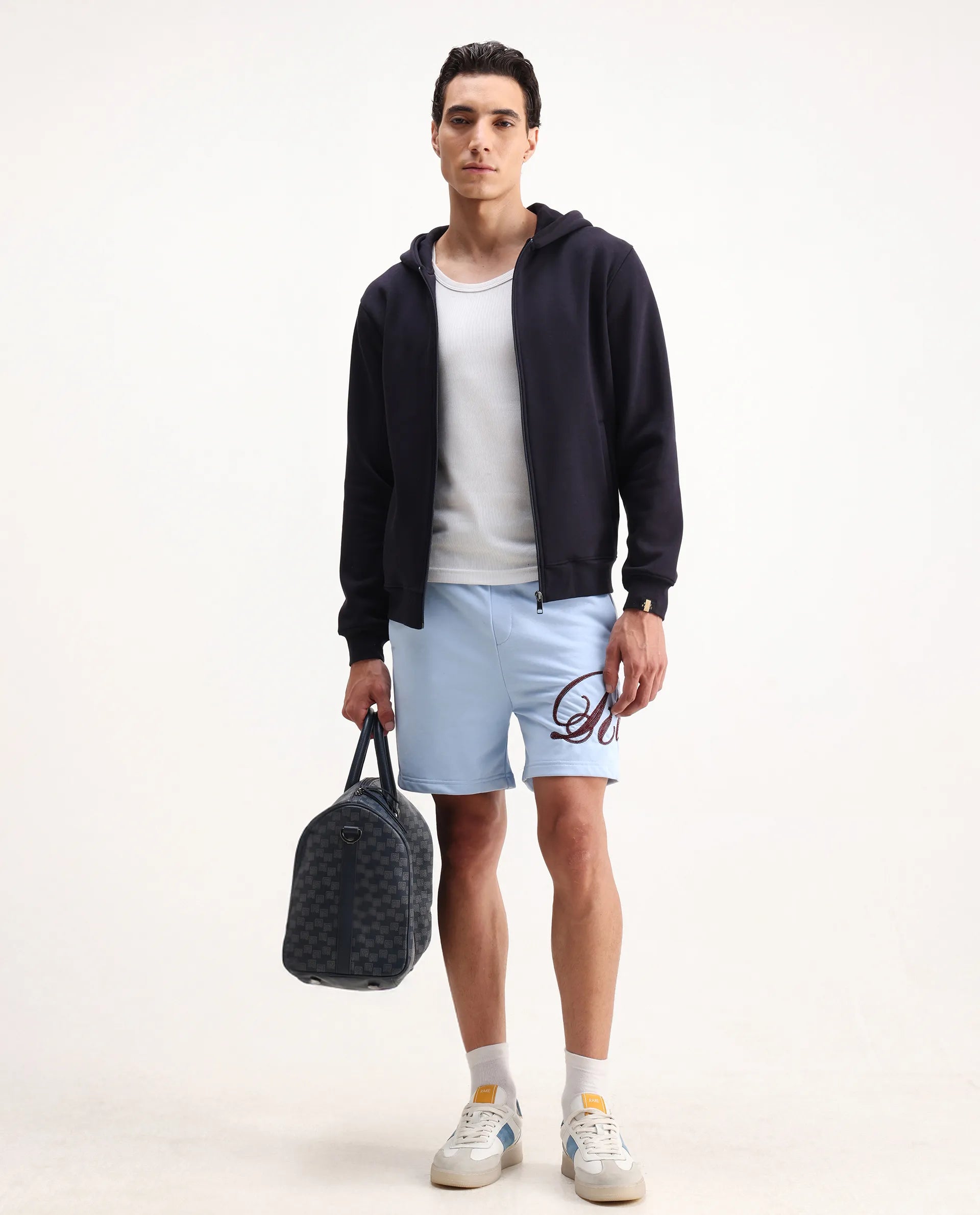 Rare Rabbit Men's Loito Light Blue Cotton Blend Embroidered Regular Fit Shorts