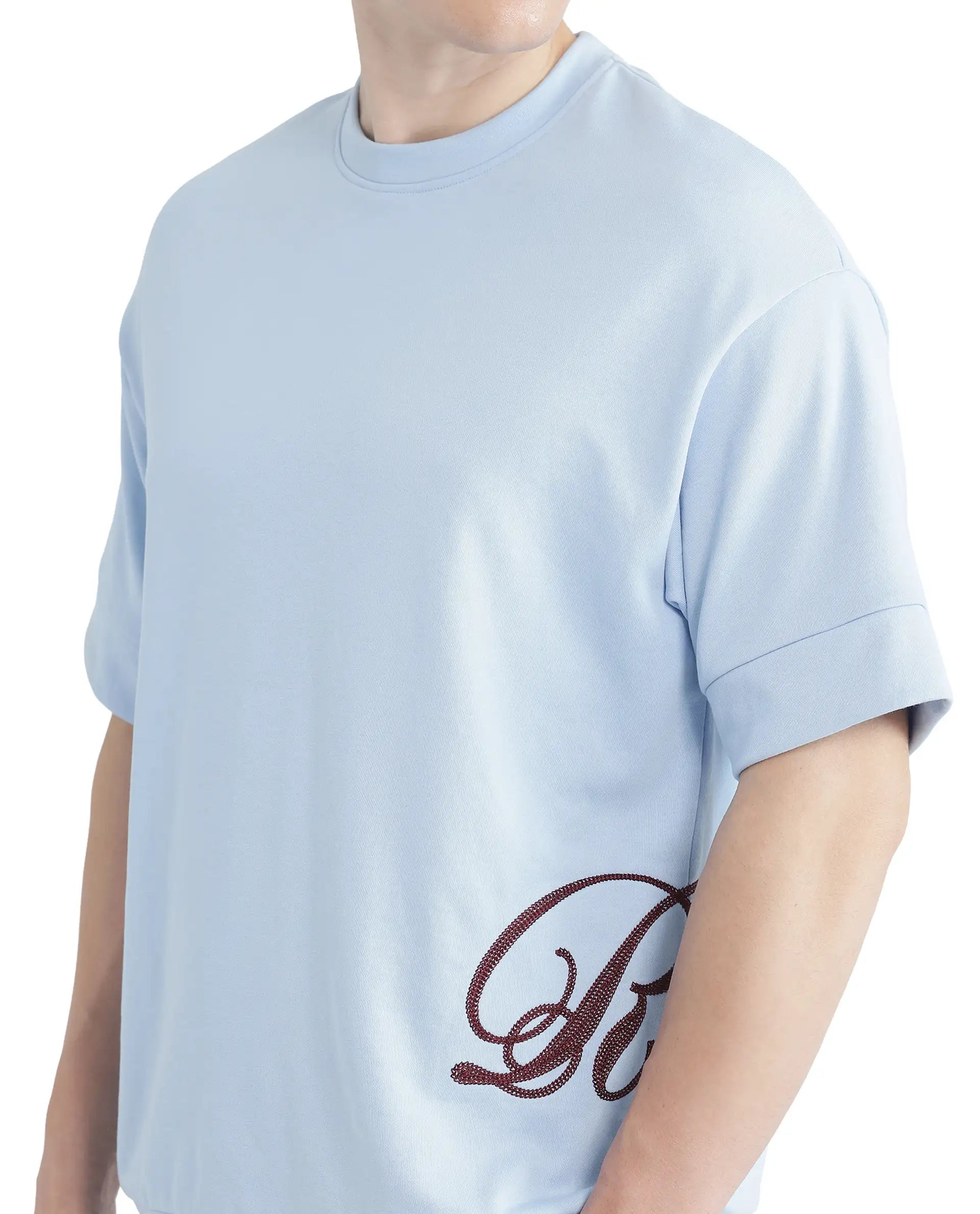 Rare Rabbit Men Loit Light Blue Cotton Poly Fabric Short Sleeve Crew Neck Embroidered Typography T-Shirt