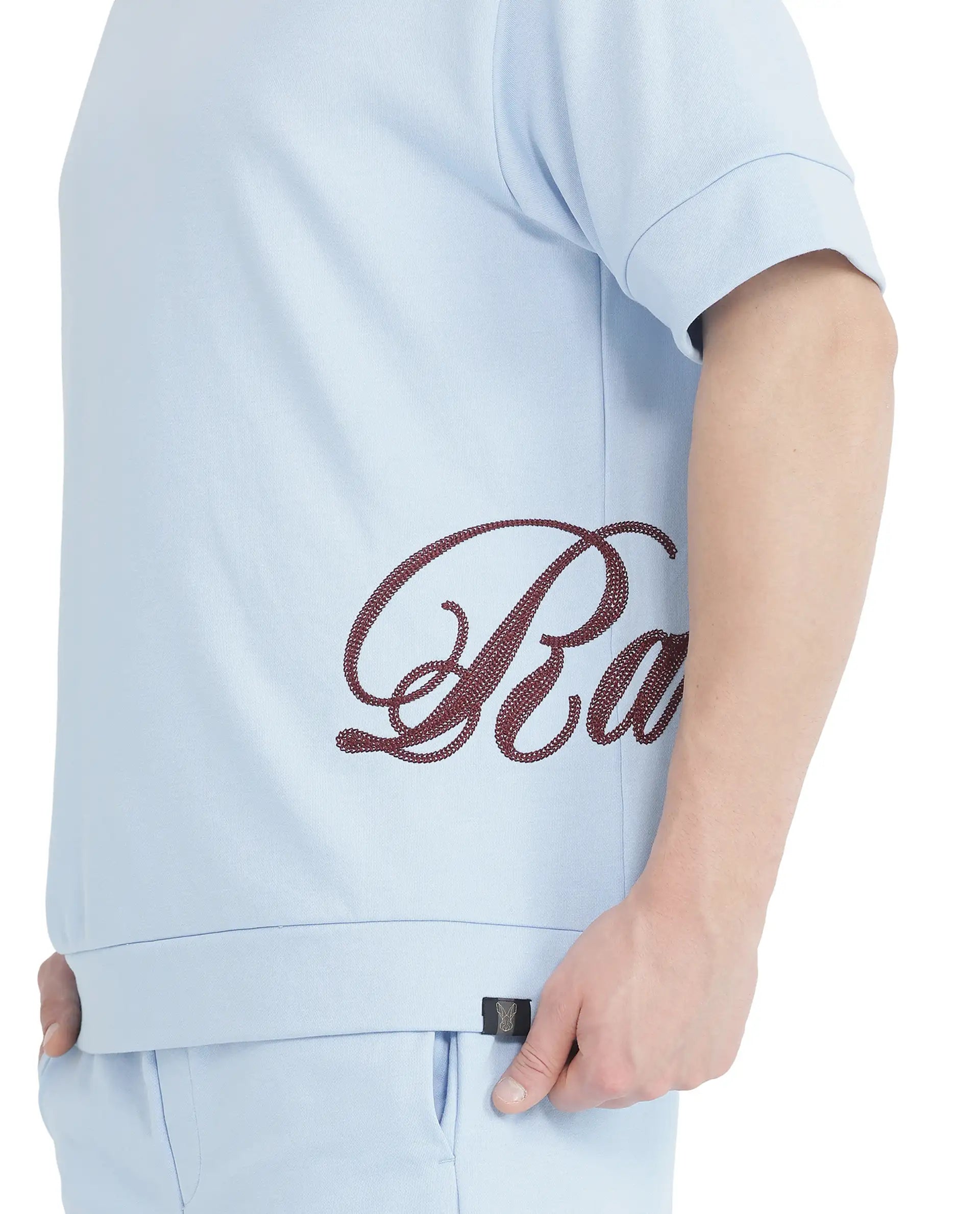 Rare Rabbit Men Loit Light Blue Cotton Poly Fabric Short Sleeve Crew Neck Embroidered Typography T-Shirt