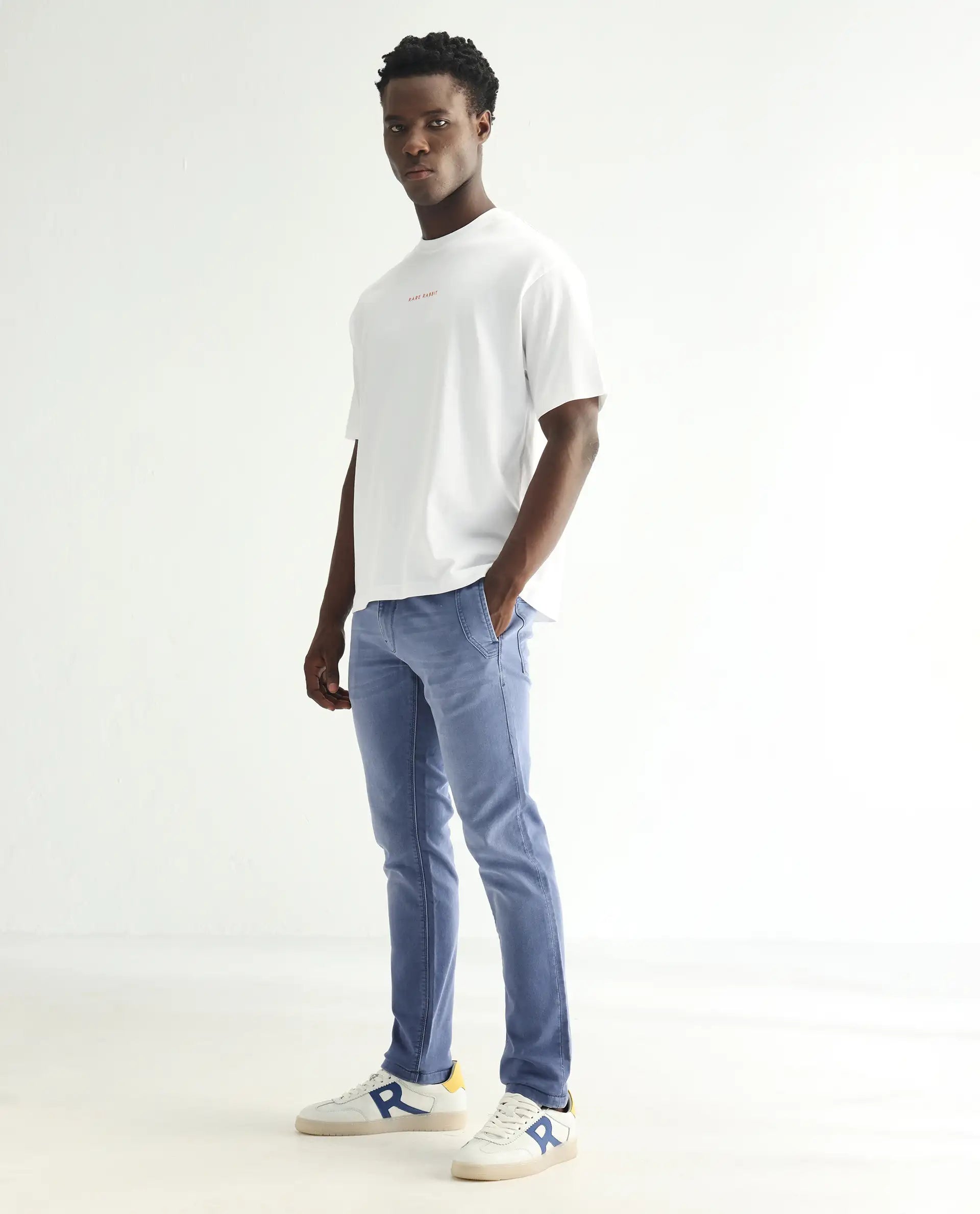 Rare Rabbit Men's Loja Blue Cotton Plain Hawk Slim Fit Jeans