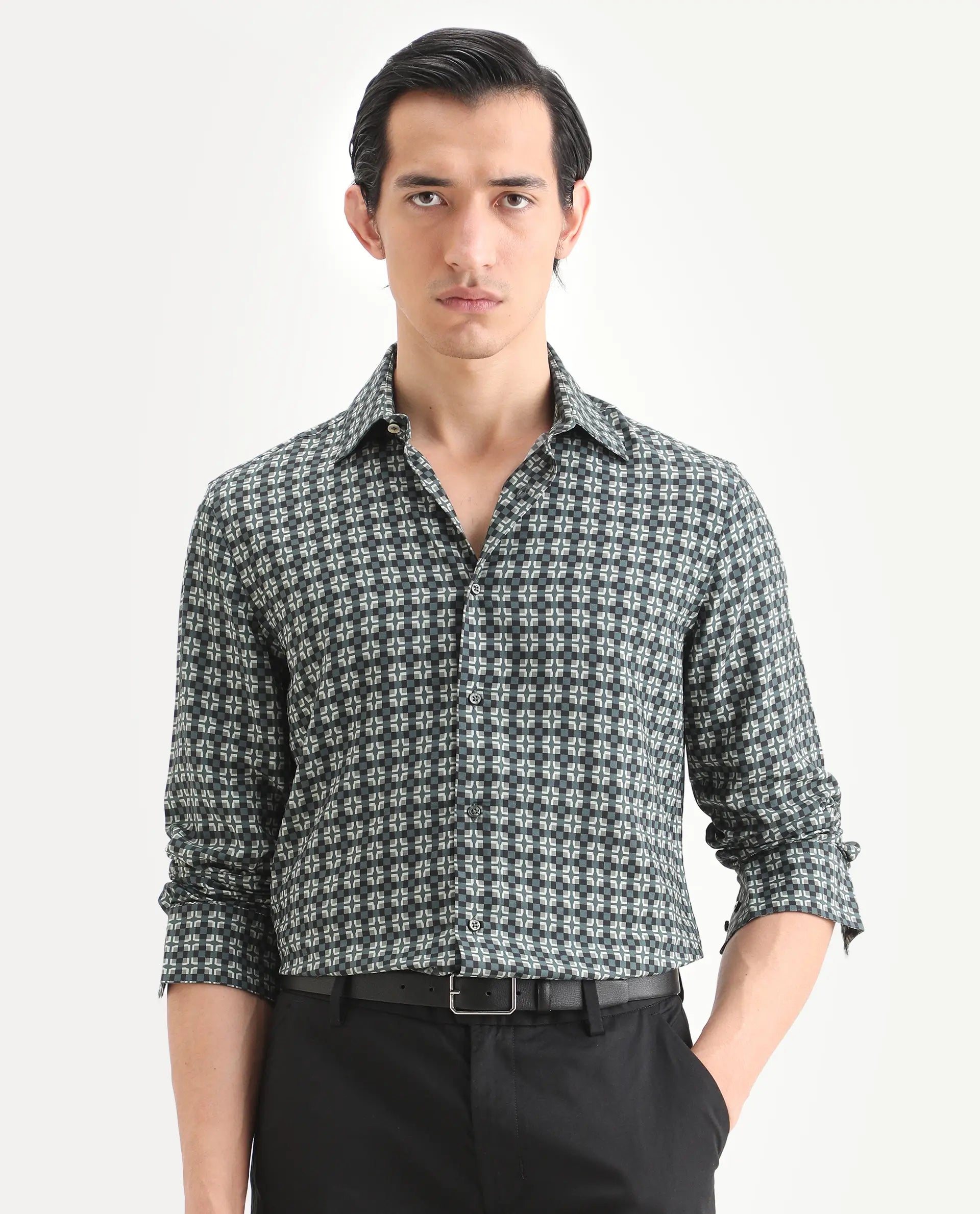 Rare Rabbit Men's Lojo L Dusky Green Viscose Fabric Full Sleeve Spread Collar Regular Fit Geometric Print Shirt