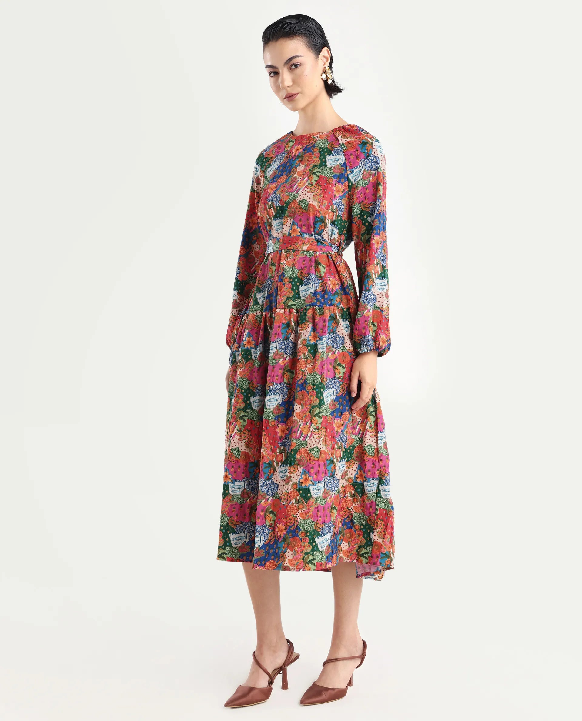 Rareism Women's Lokop Multi Polyester Blend Round Neck Abstract Print Raglan Sleeve Midi Fit And Flare Dress