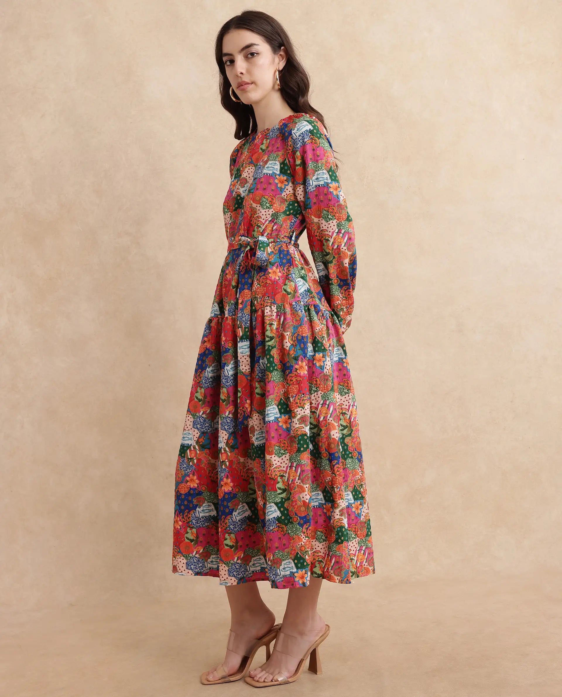 Rareism Women's Lokop Multi Polyester Blend Fabric Round Neck Zipper Closure Raglan Sleeve Abstract Fit And Flare Midi Dress