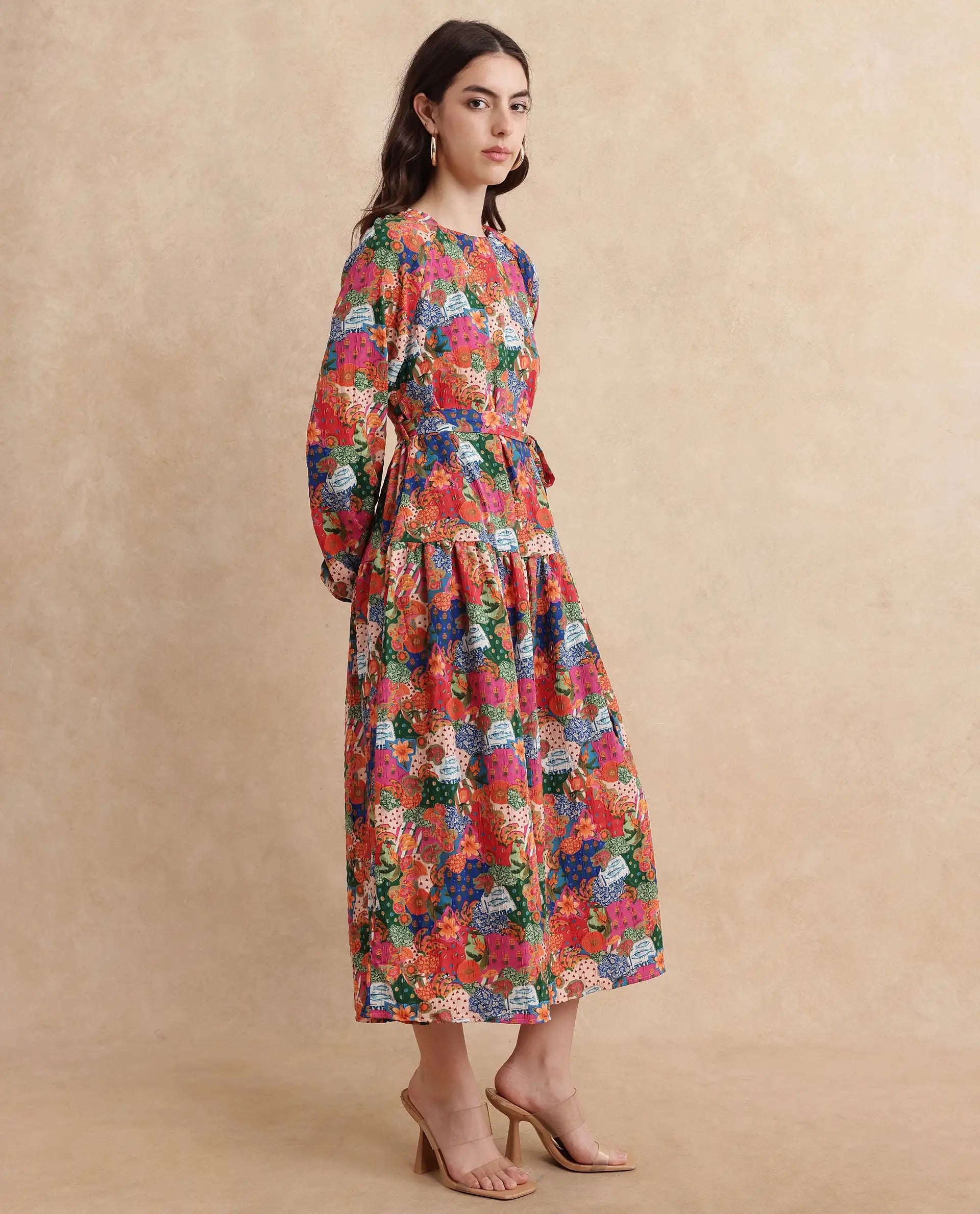 Rareism Women's Lokop Multi Polyester Blend Fabric Round Neck Zipper Closure Raglan Sleeve Abstract Fit And Flare Midi Dress