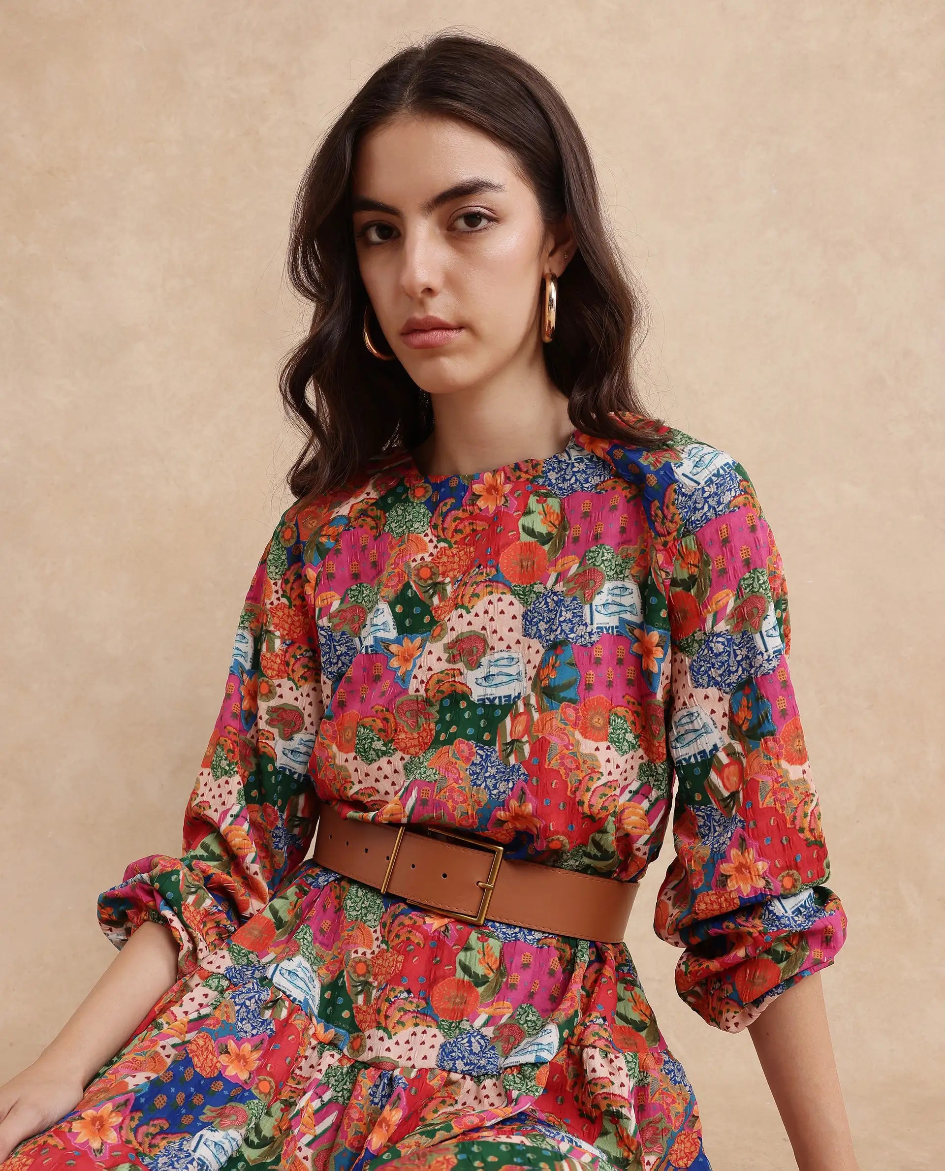 Rareism Women's Lokop Multi Polyester Blend Fabric Round Neck Zipper Closure Raglan Sleeve Abstract Fit And Flare Midi Dress