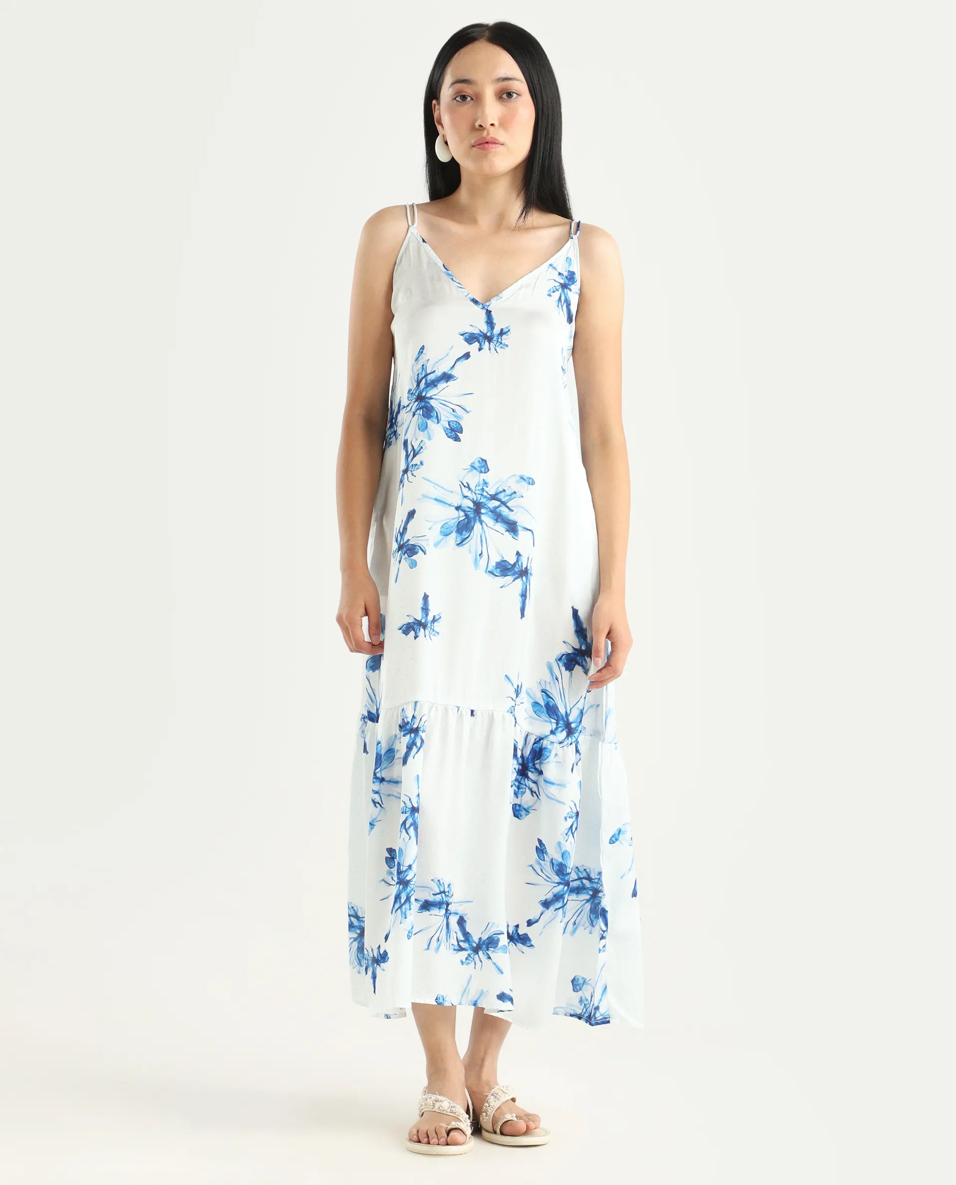 Rareism Women's Lola White Polyester Shoulder Strap Abstract Print Shoulder Strap Midi Regular Fit Dress