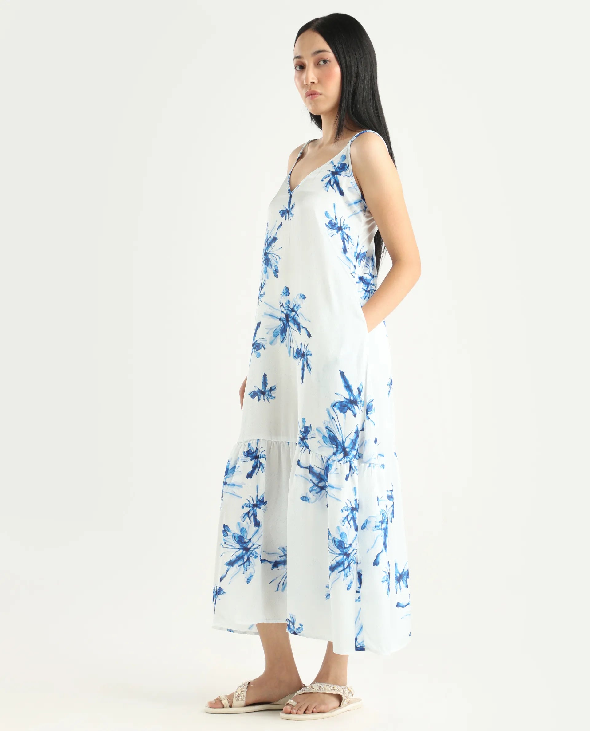 Rareism Women's Lola White Polyester Shoulder Strap Abstract Print Shoulder Strap Midi Regular Fit Dress