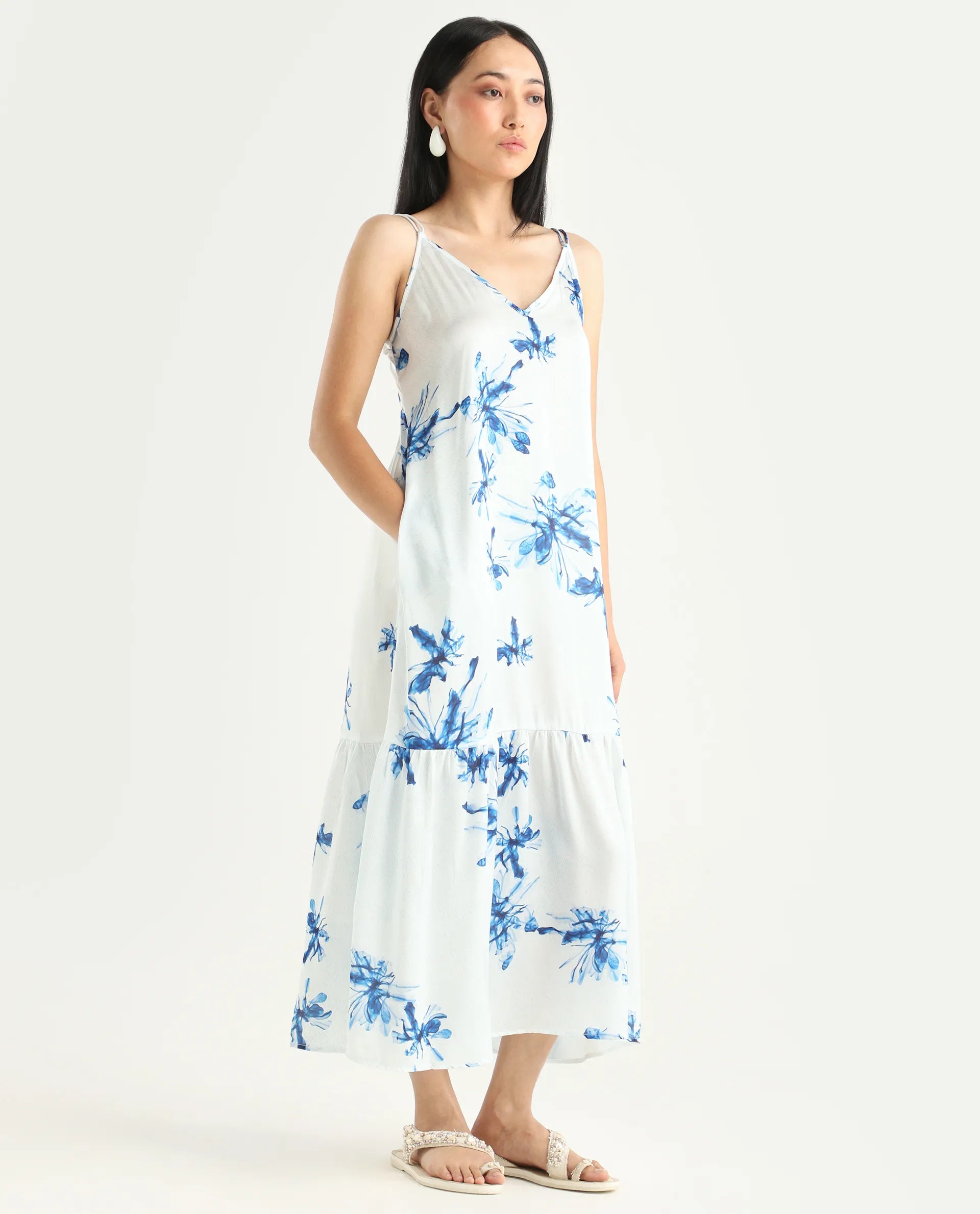 Rareism Women's Lola White Polyester Shoulder Strap Abstract Print Shoulder Strap Midi Regular Fit Dress