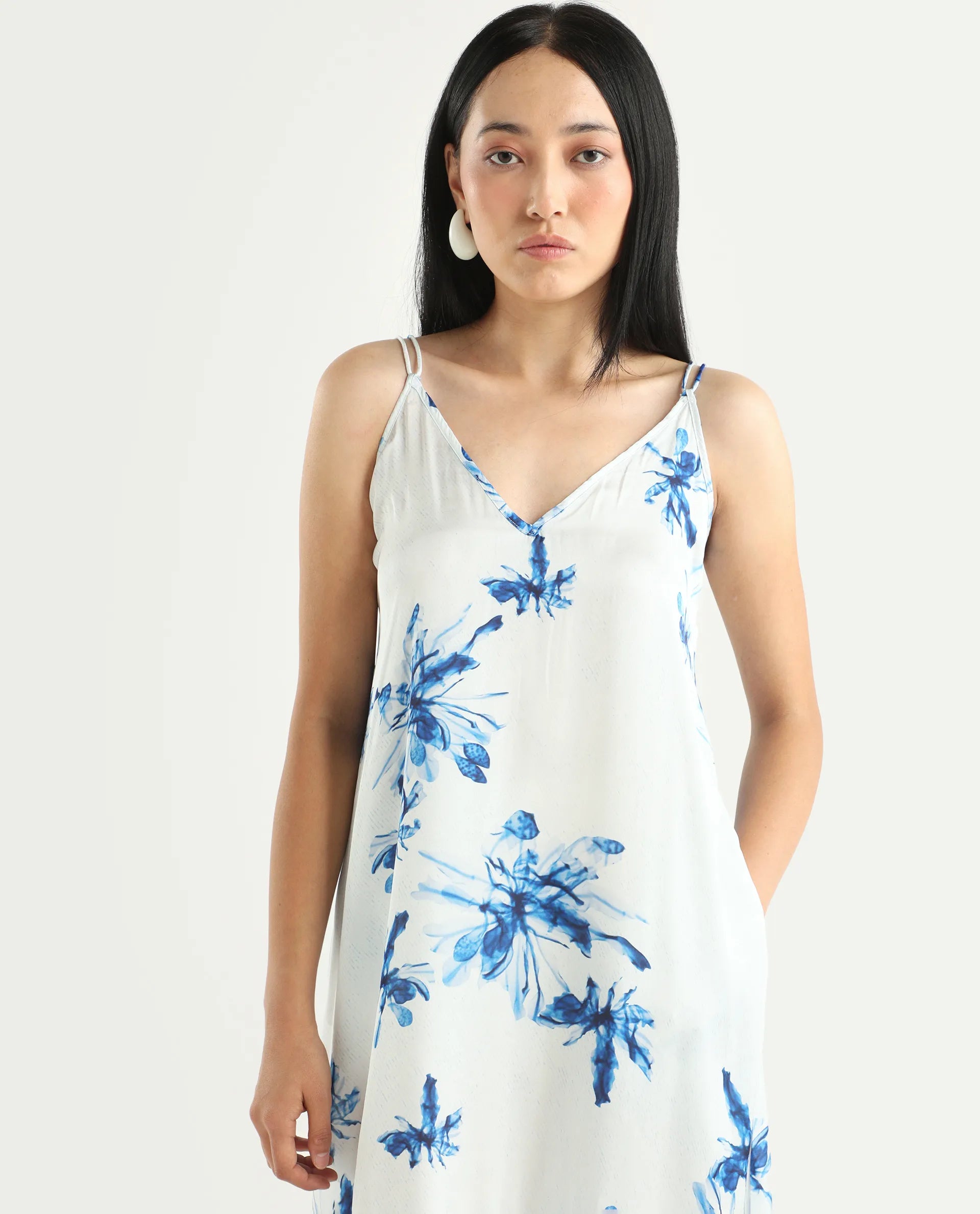 Rareism Women's Lola White Polyester Shoulder Strap Abstract Print Shoulder Strap Midi Regular Fit Dress