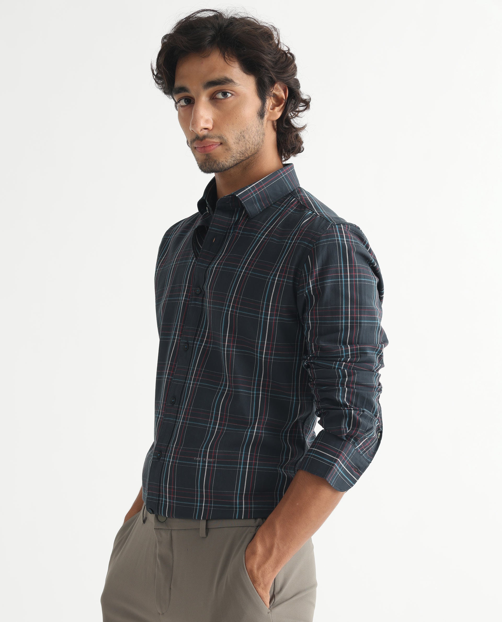 Rare Rabbit Men's Lome Navy Cotton Fabric Full Sleeves Checks Shirt