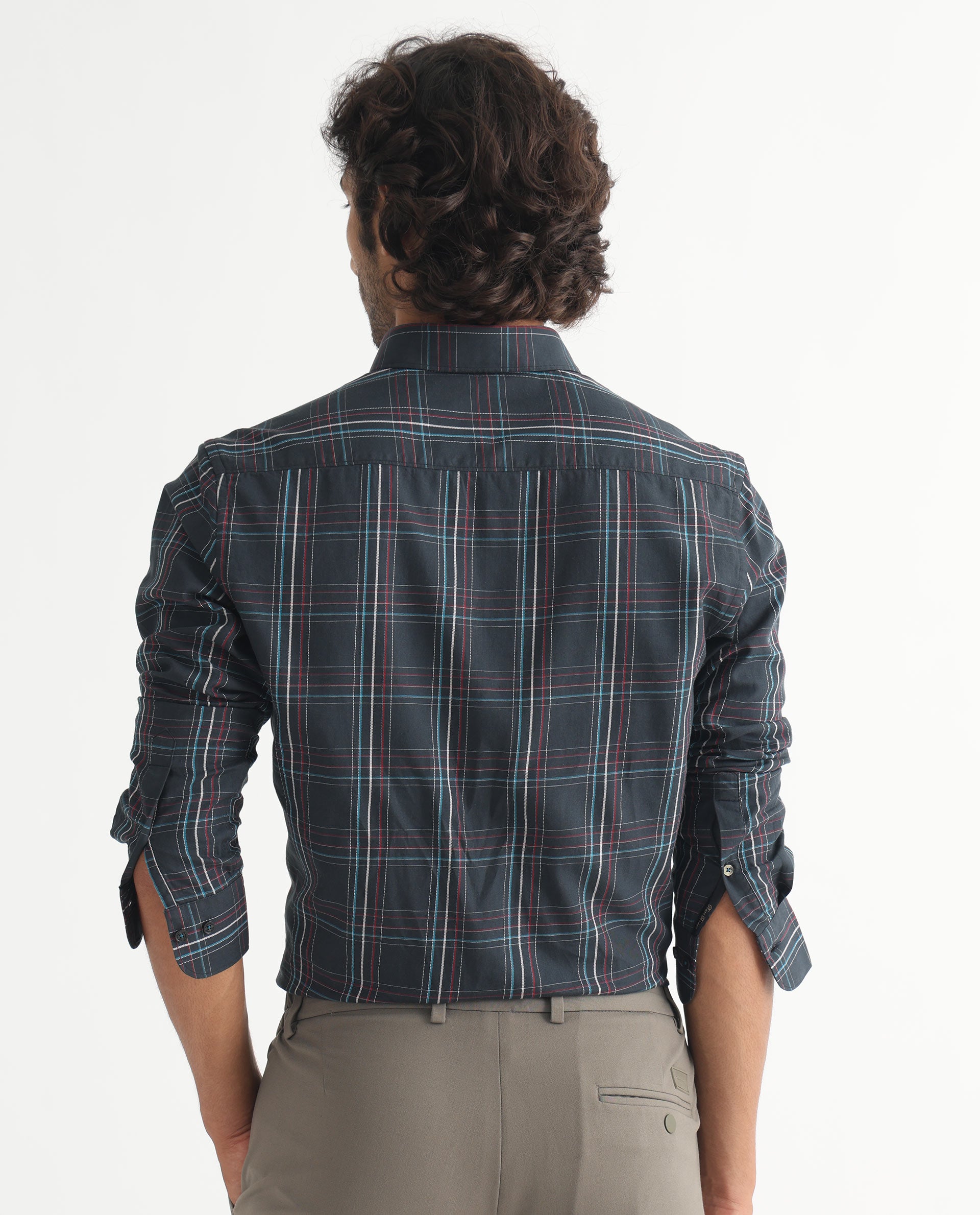 Rare Rabbit Men's Lome Navy Cotton Fabric Full Sleeves Checks Shirt