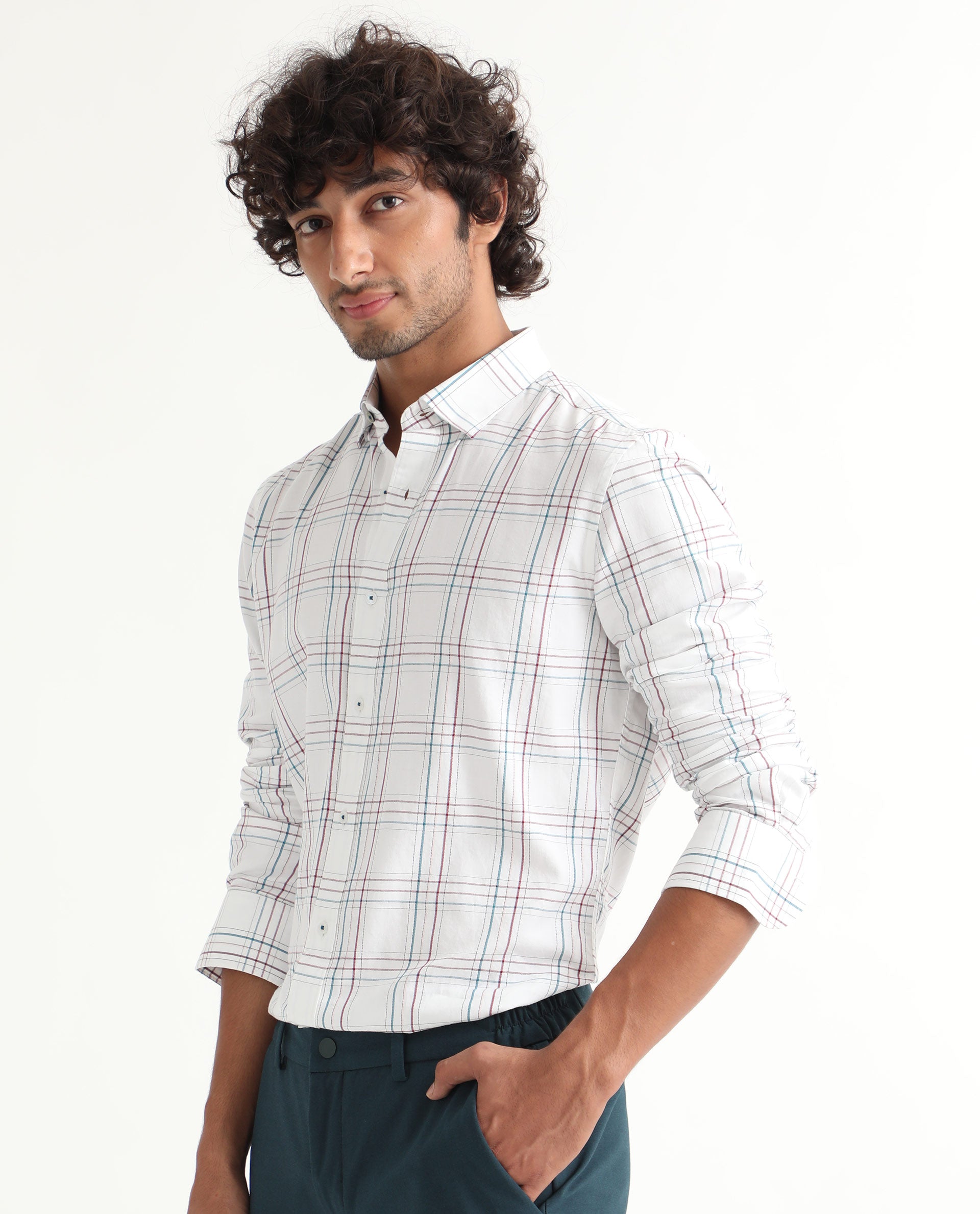 Rare Rabbit Men's Lome White Cotton Fabric Full Sleeves Checks Shirt