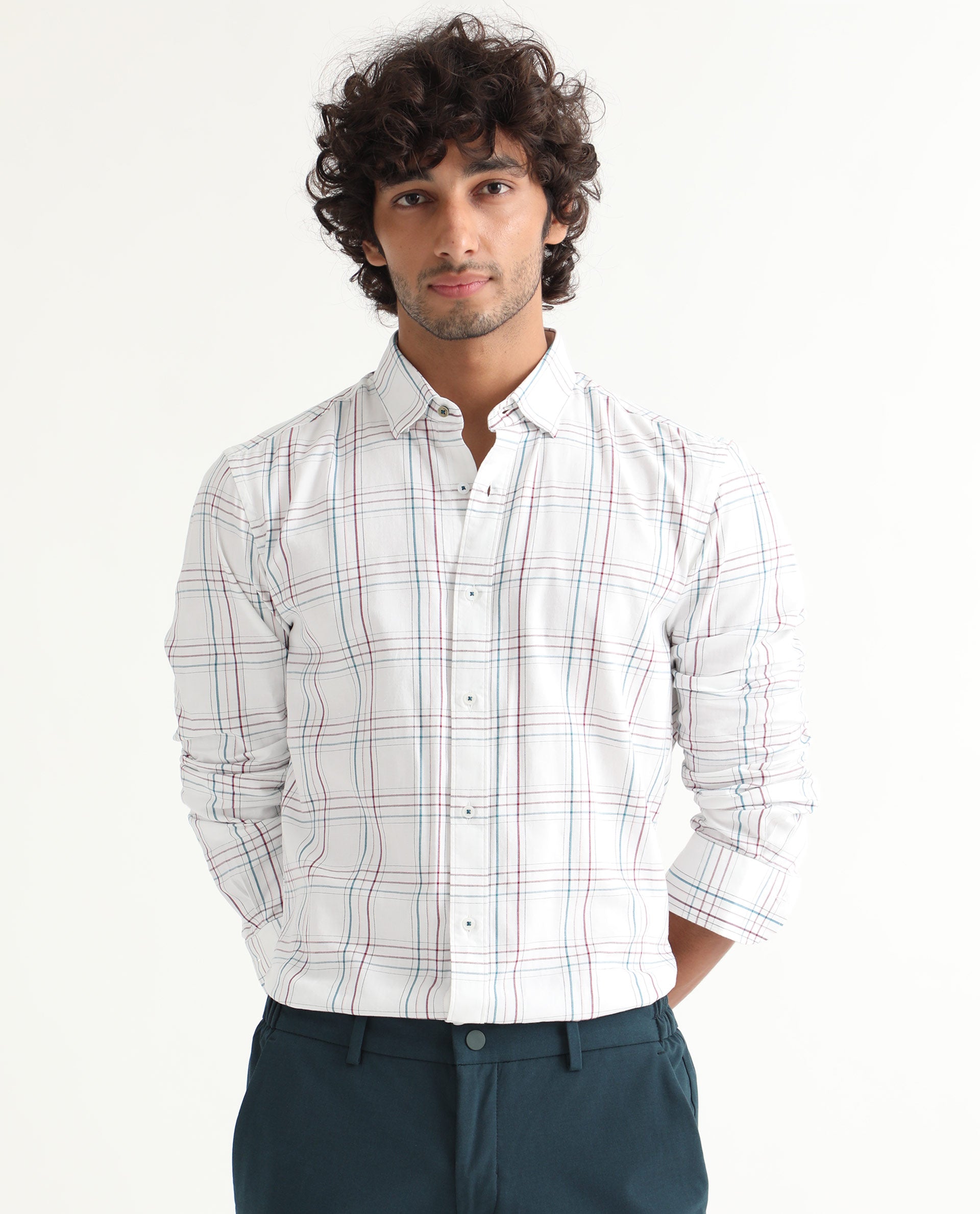 Rare Rabbit Men's Lome White Cotton Fabric Full Sleeves Checks Shirt