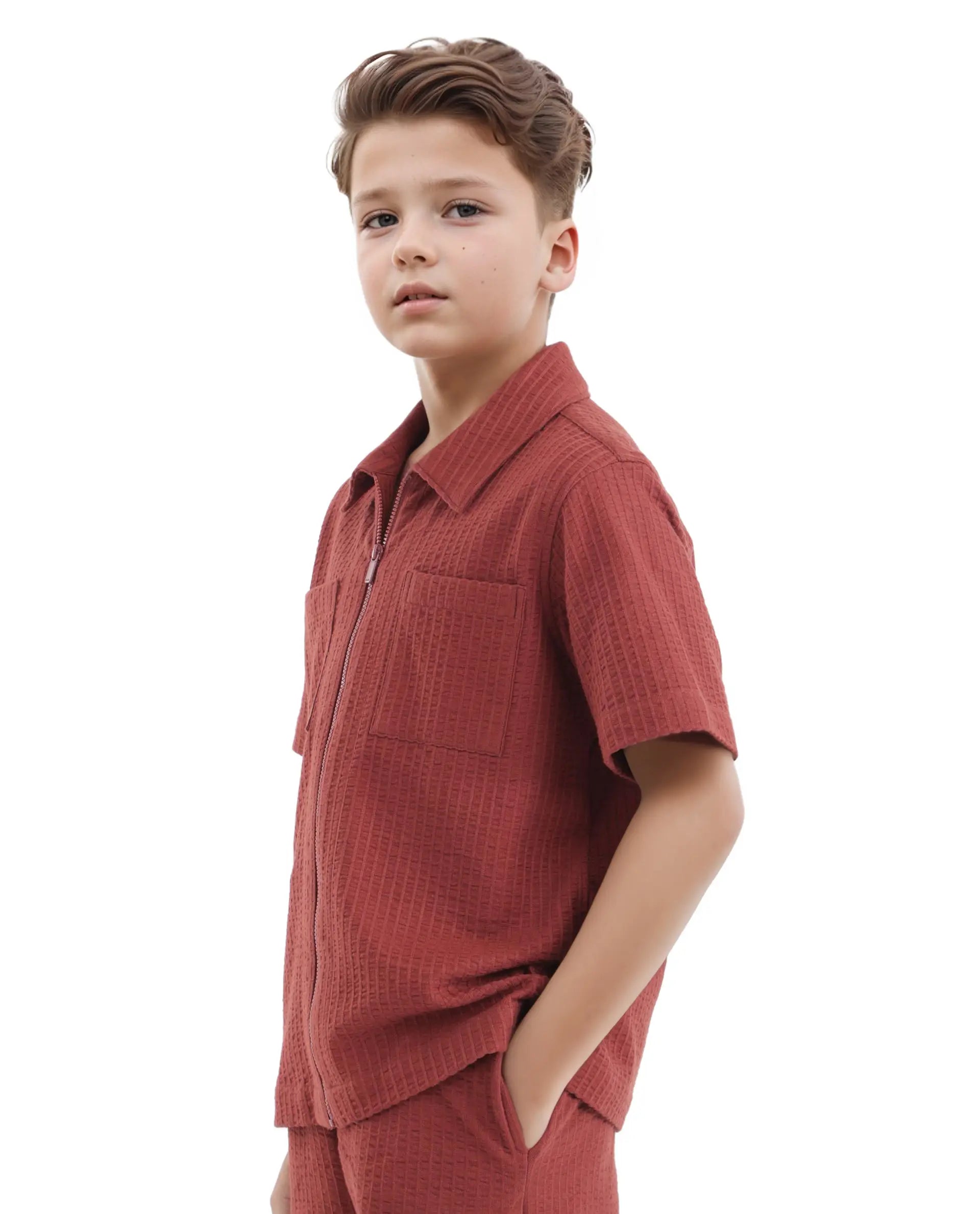 Rare Ones Kids Lomz Rust Cotton Fabric Half Sleeve Tonal Stripe Shacket