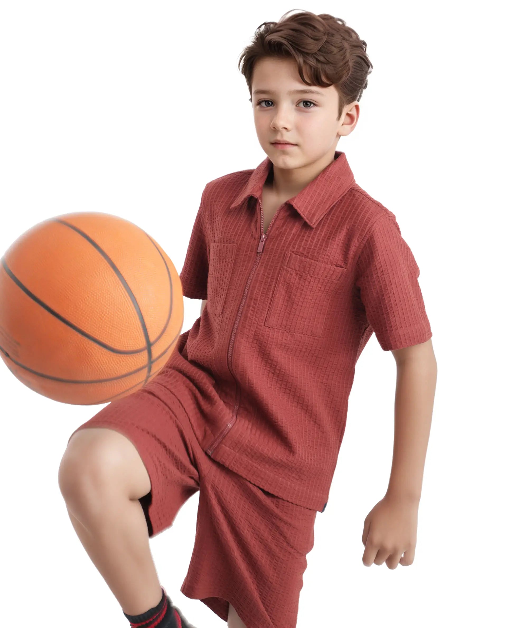 Rare Ones Kids Lomz Rust Cotton Fabric Half Sleeve Tonal Stripe Shacket