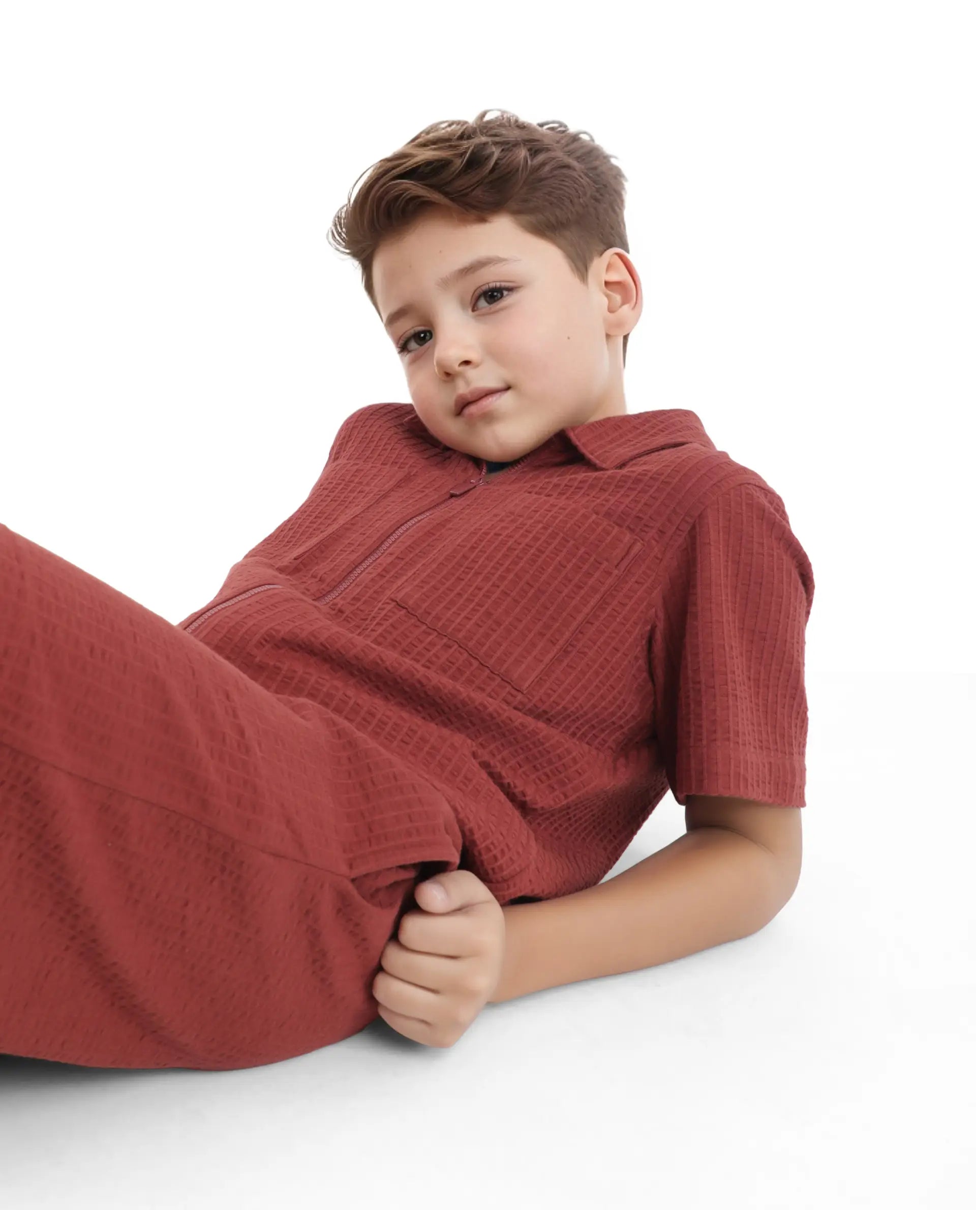 Rare Ones Kids Lomz Rust Cotton Fabric Half Sleeve Tonal Stripe Shacket